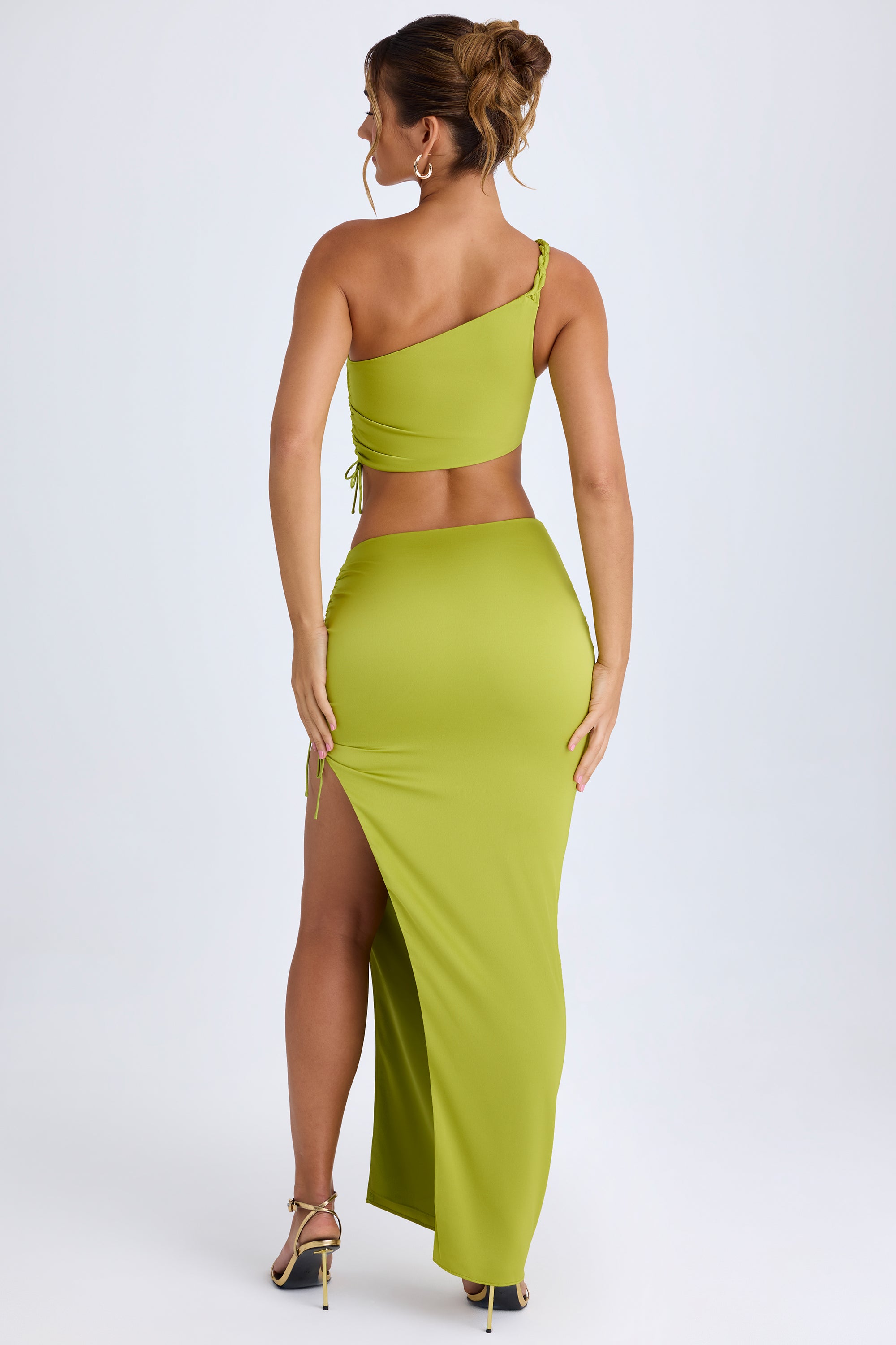 Ishaana Ruched Asymmetric Maxi Skirt in Pear Green - Image 2