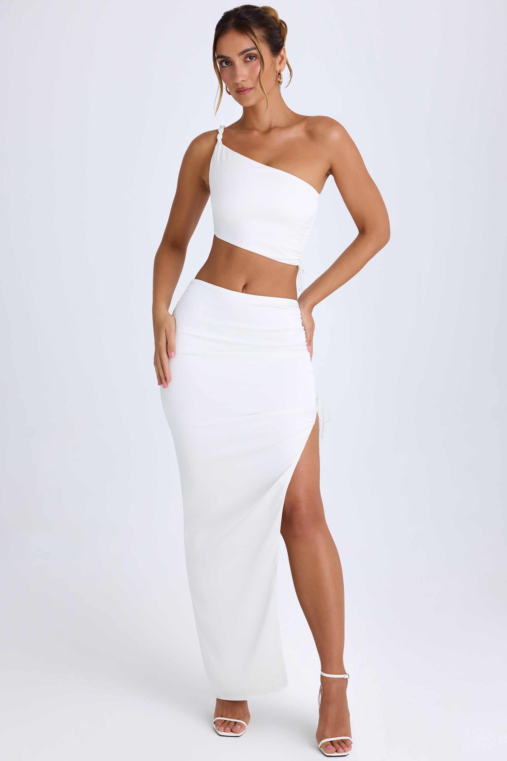 Ishaana Ruched Asymmetric Maxi Skirt in White - Image 5