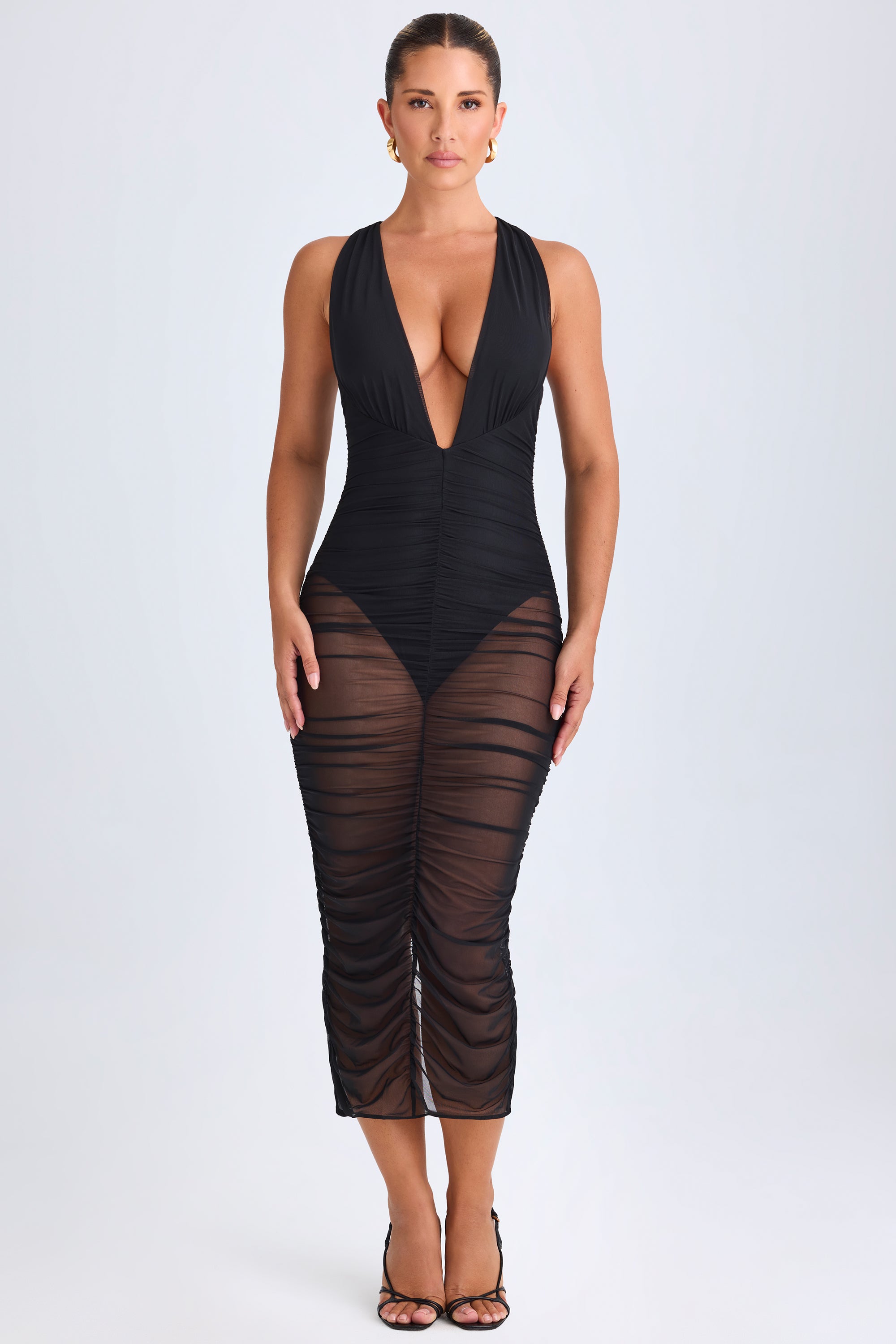 Safira Ruched Plunge Midaxi Dress in Black