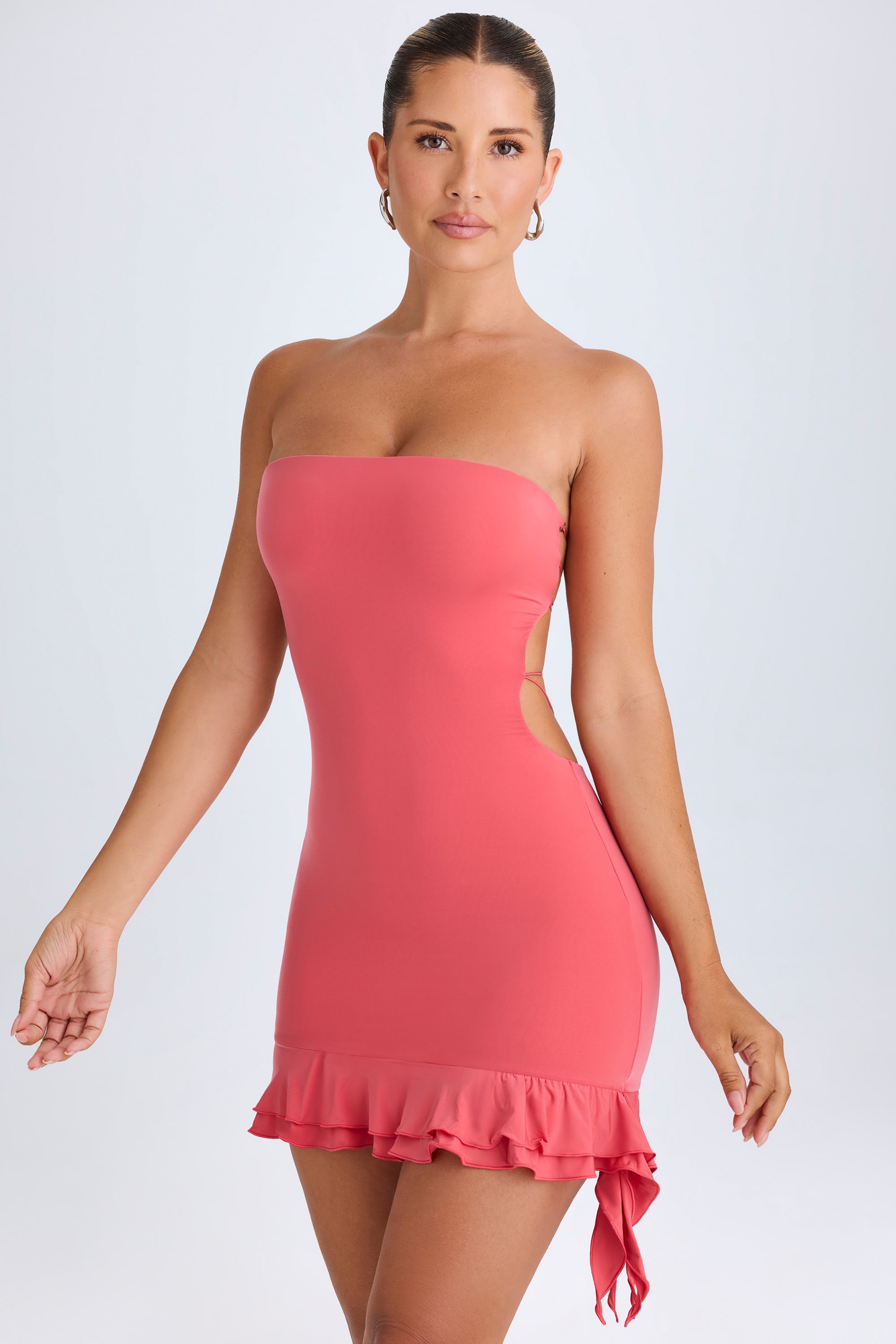 Misa Ruffle-Trim Cut-Out Bandeau Mini Dress in Coral