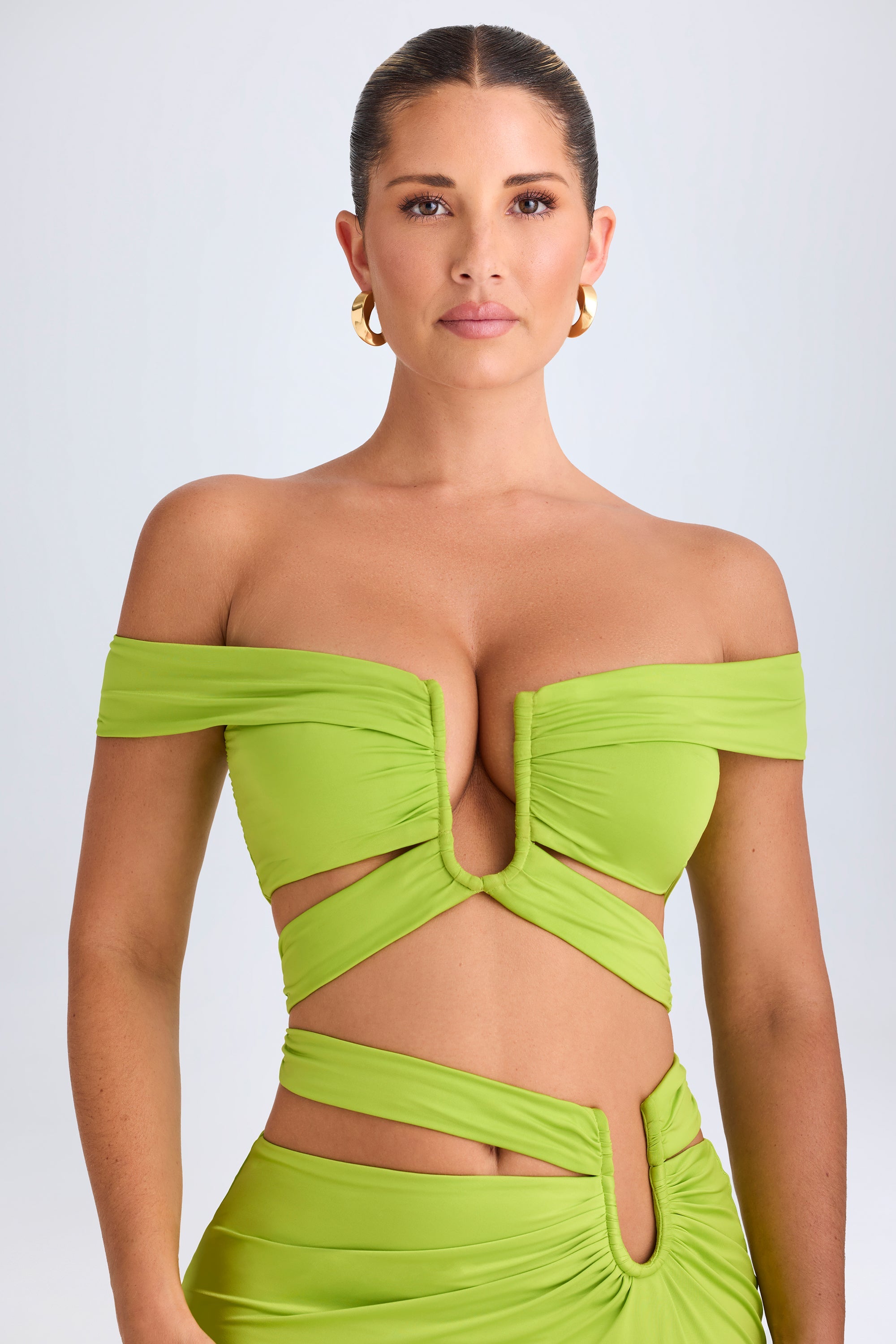 Zene Cut-Out Off-Shoulder Crop Top in Lime Green