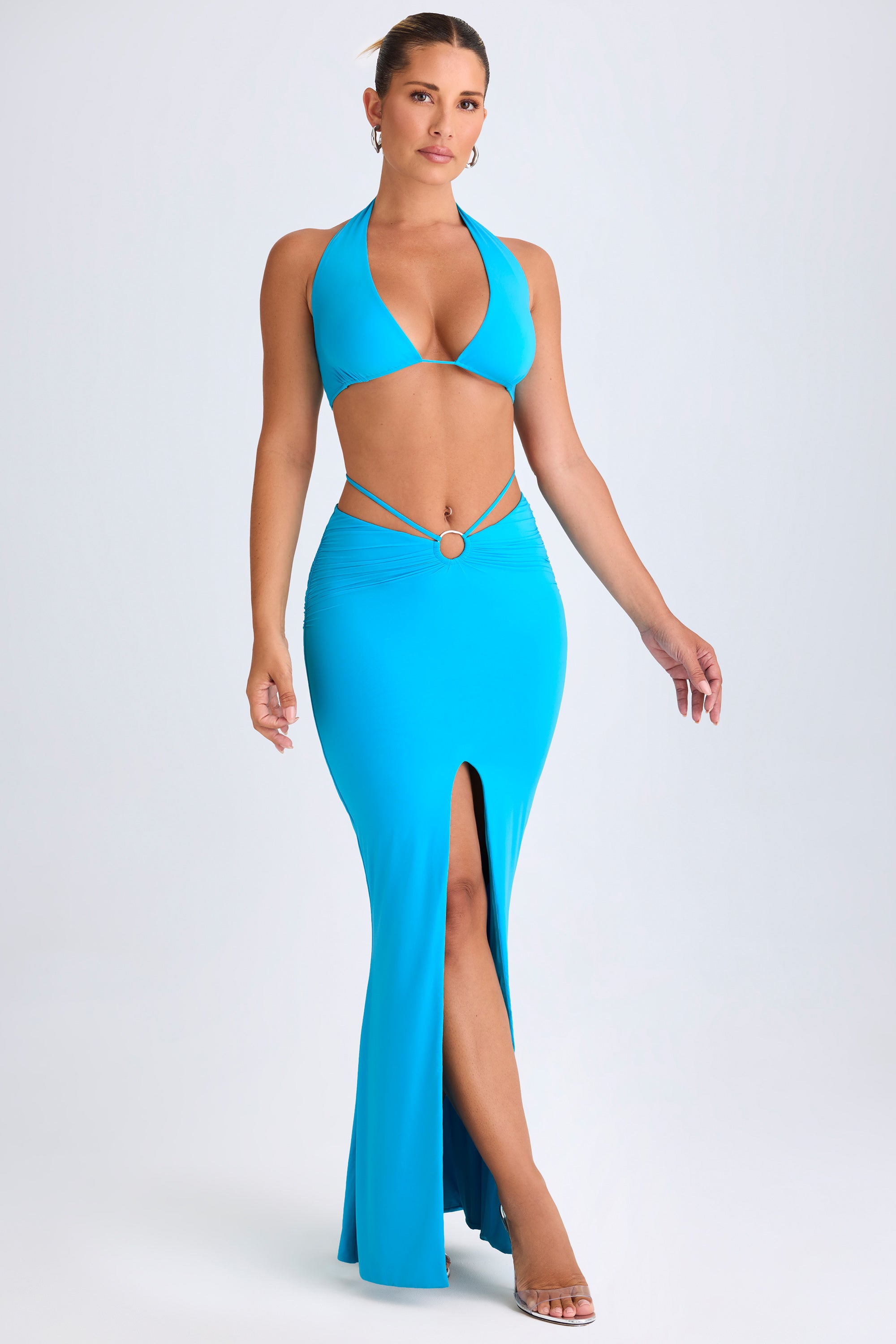 Vella Plunge Hardware-Detail Halterneck Crop Top in Aqua Blue - Image 6