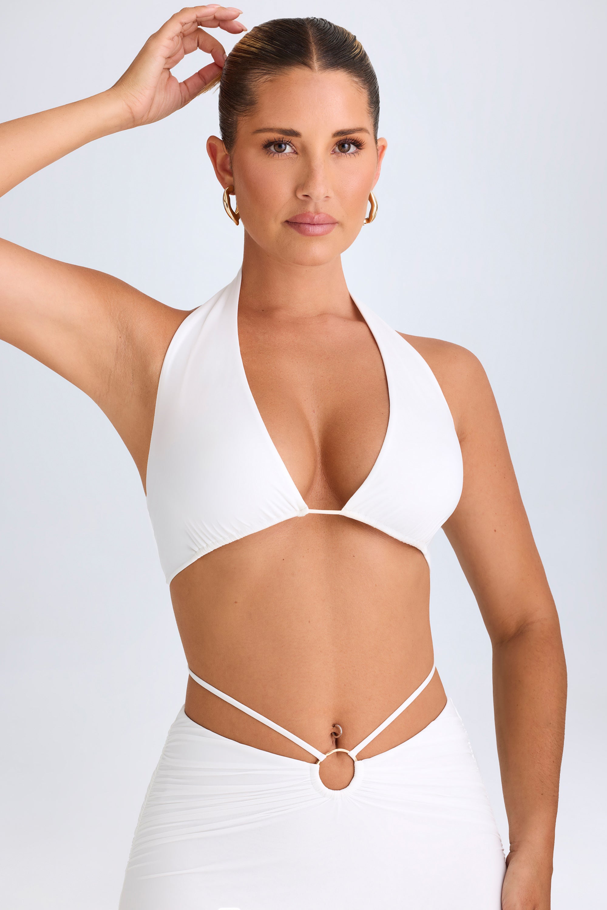 Vella Plunge Hardware-Detail Halterneck Crop Top in White