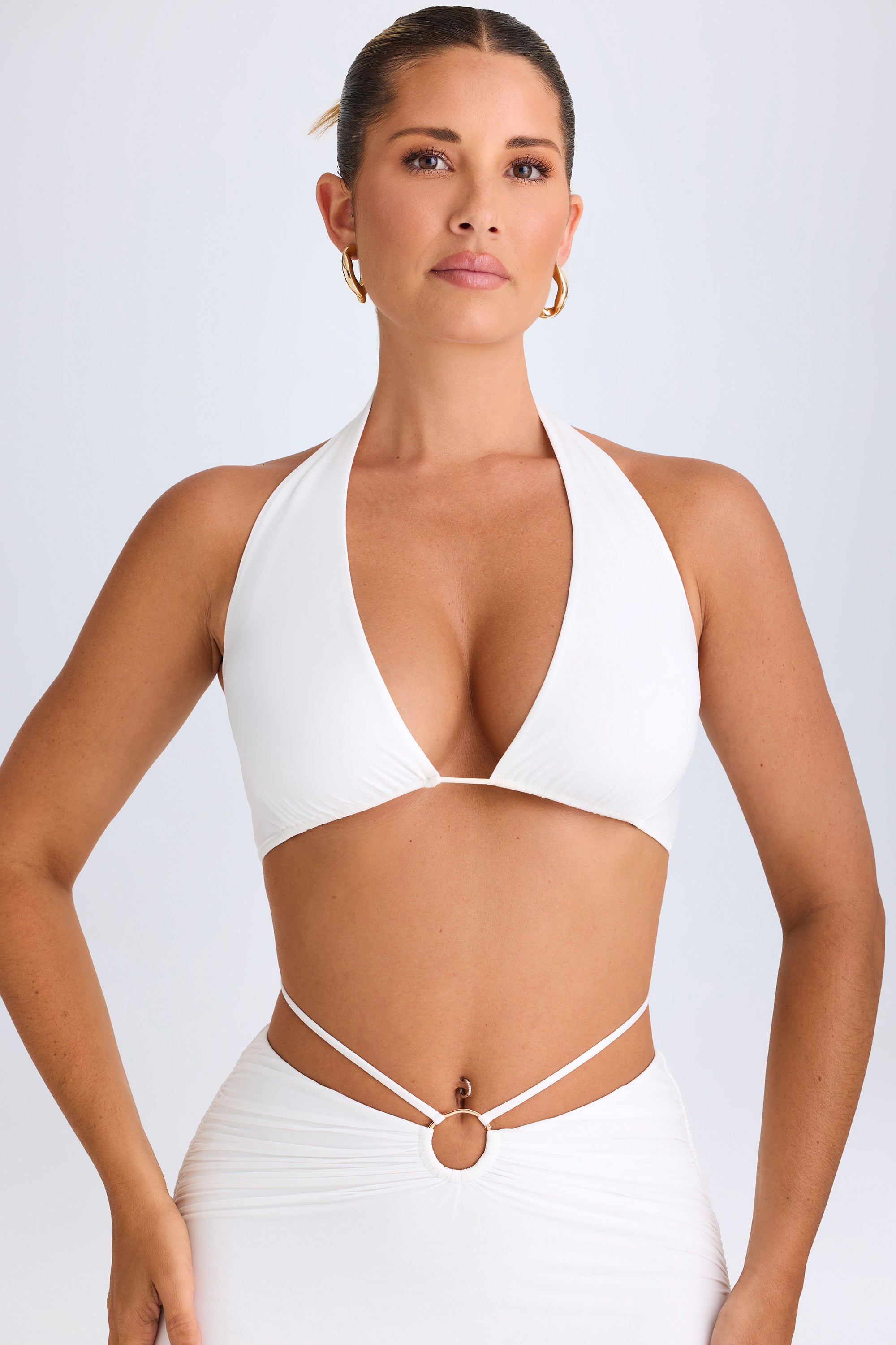 Vella Plunge Hardware-Detail Halterneck Crop Top in White - Image 6