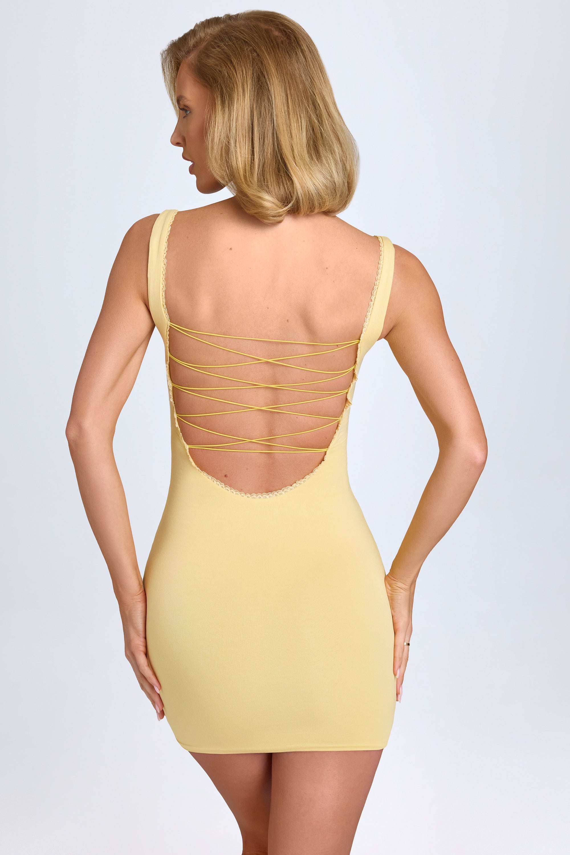 Aoife Modal Lace-Trim Bodycon Mini Dress in Pastel Yellow