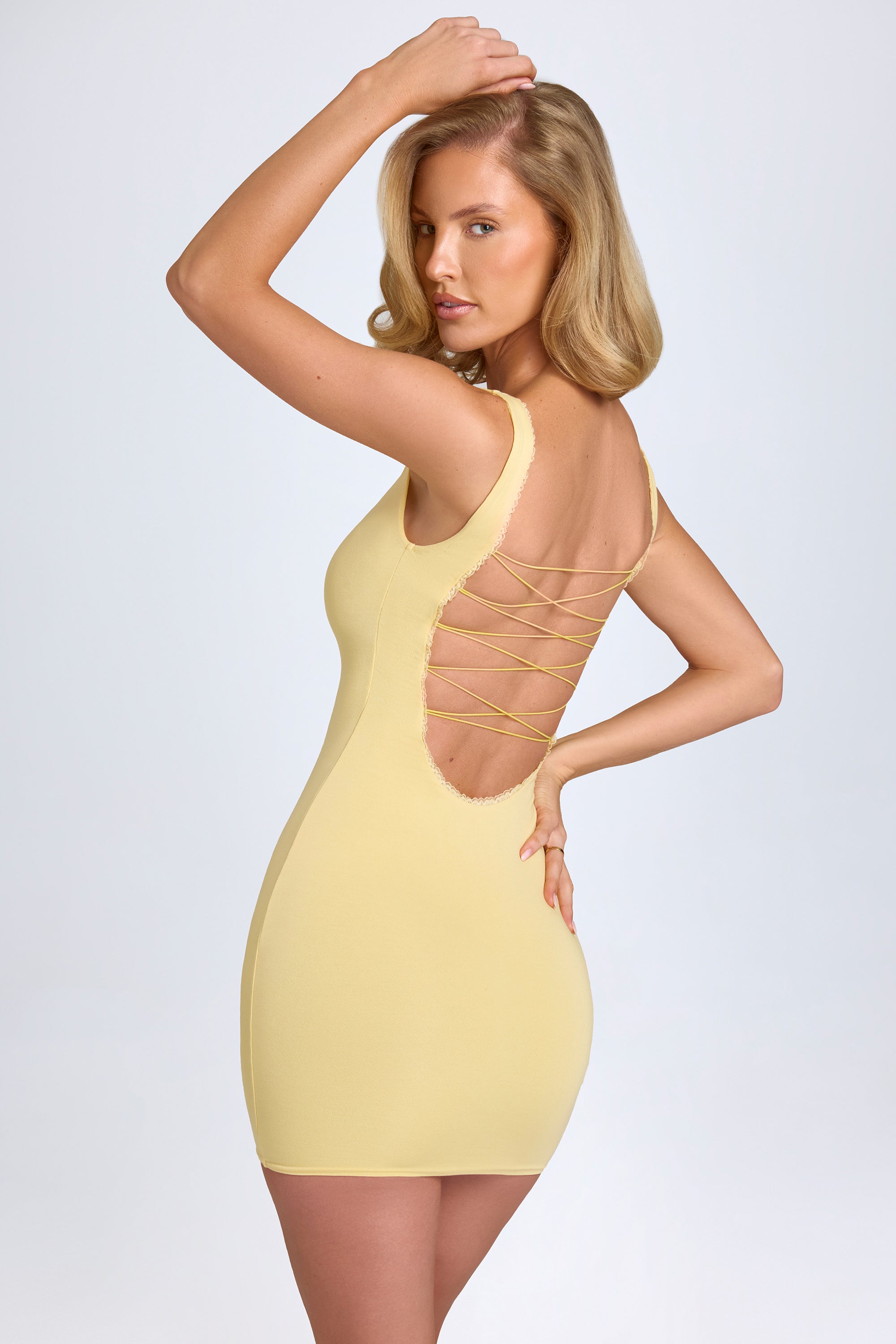 Aoife Modal Lace-Trim Bodycon Mini Dress in Pastel Yellow - Image 6