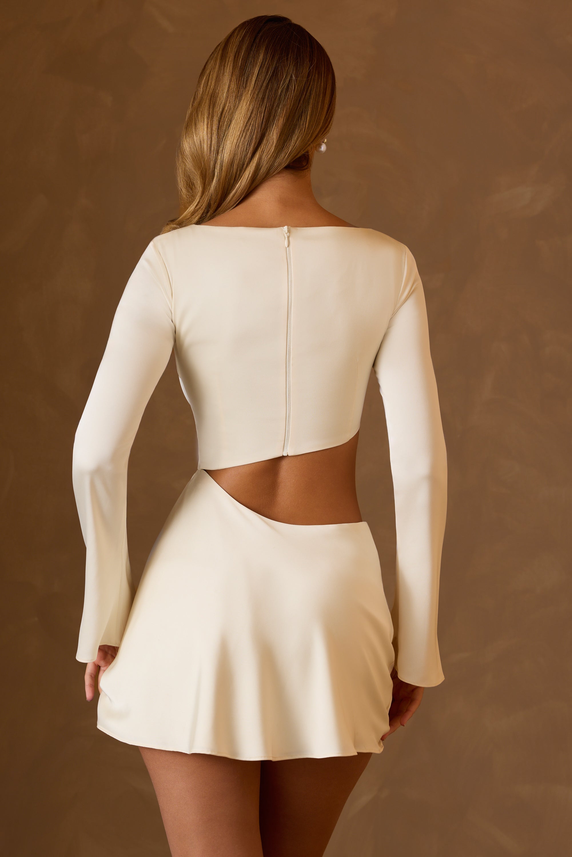 Itzela Asymmetric Cut-Out A-Line Mini Dress in Ivory - Image 3