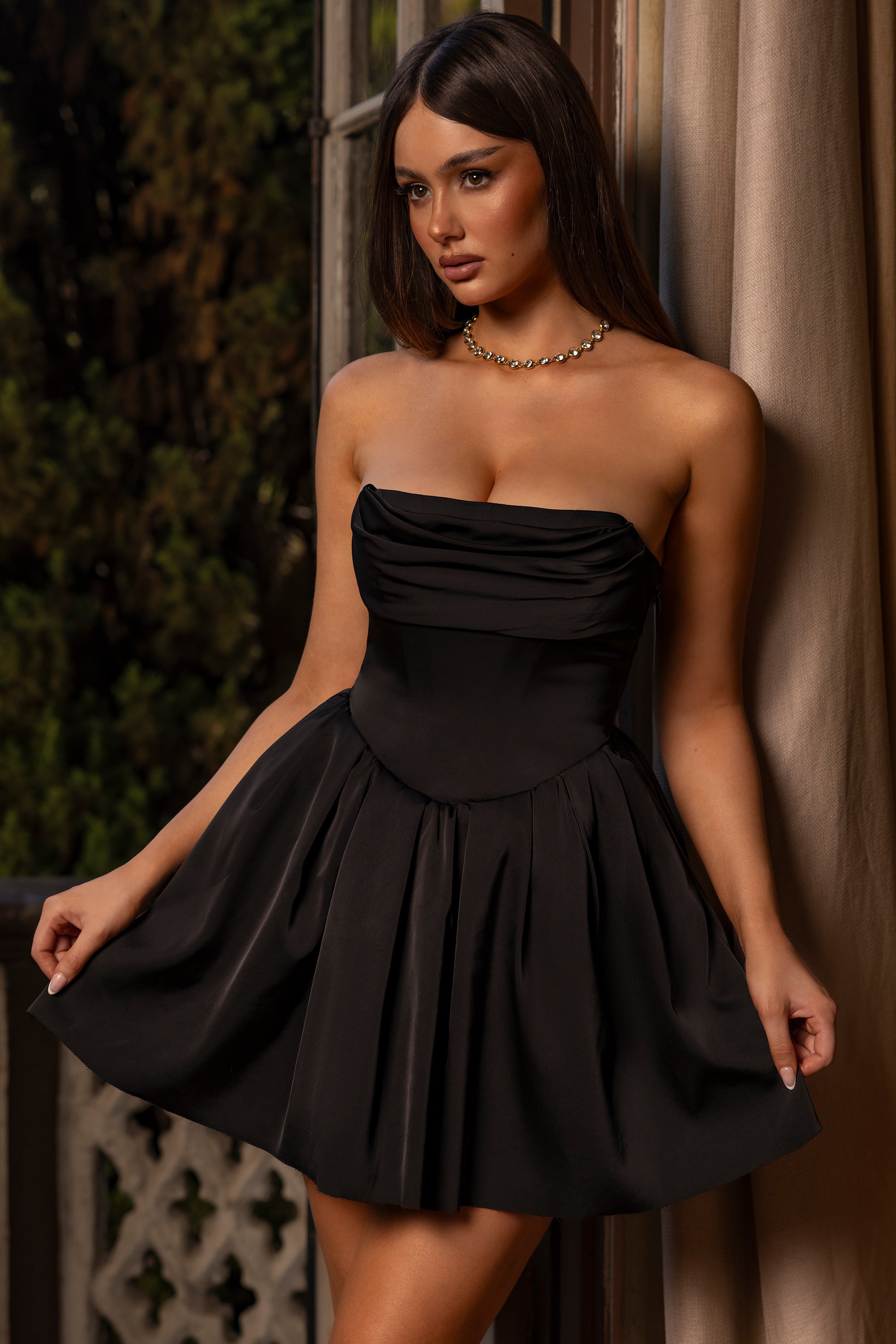 Emina Cowl-Neck Corset Mini Dress in Black - Image 2