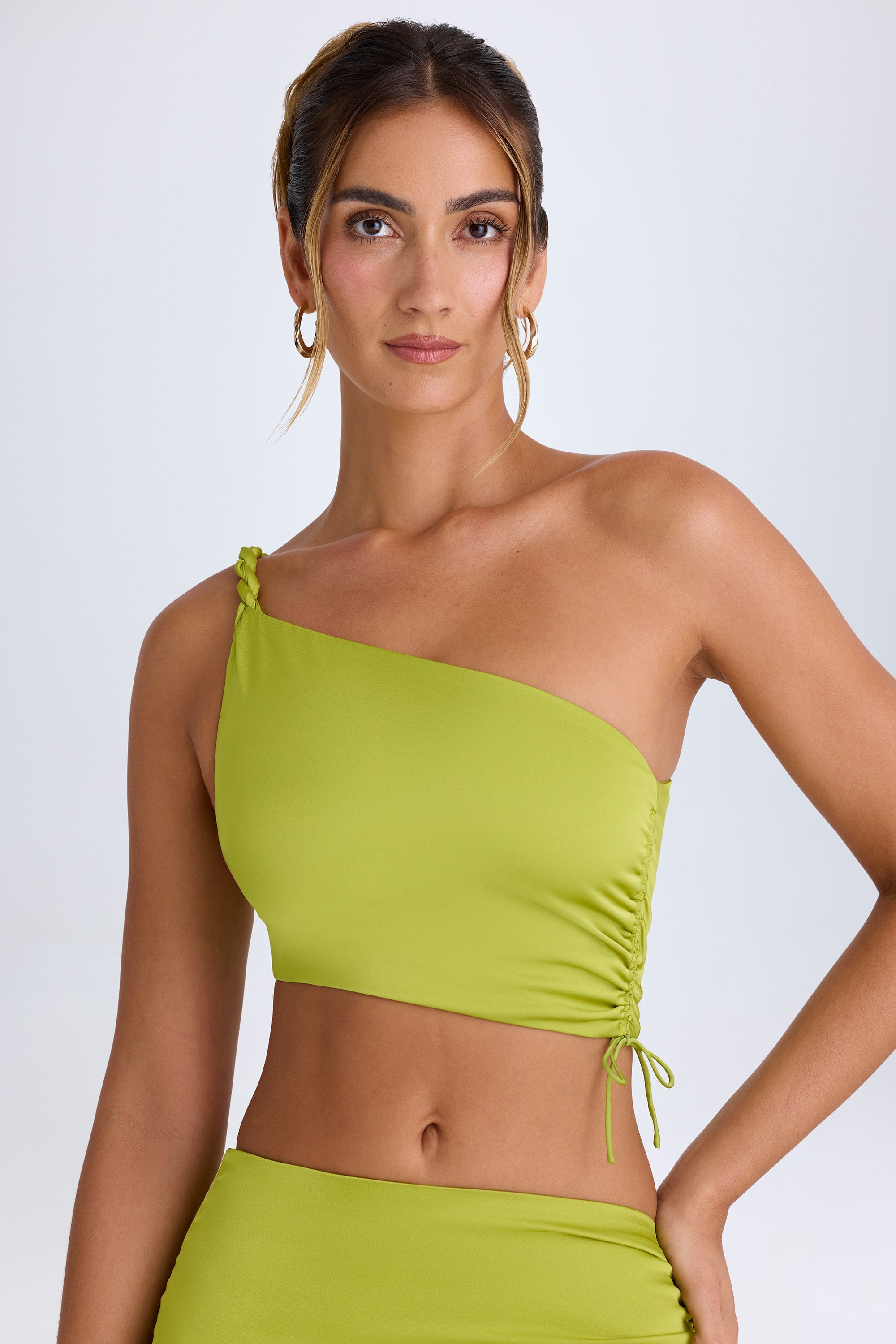 Brisa Ruched Asymmetric Crop Top in Pear Green - Image 5
