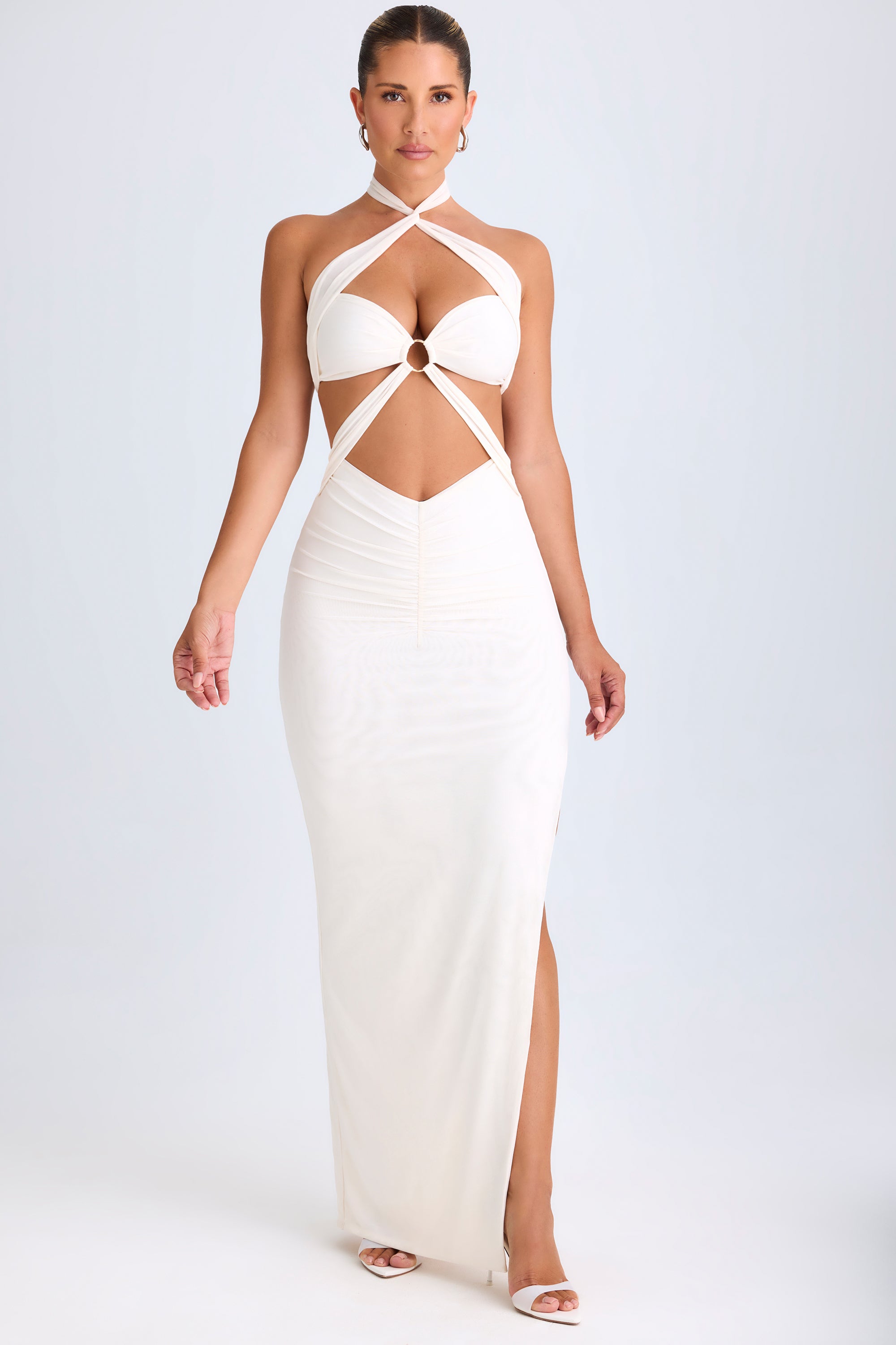 Cut-Out Ruched Halterneck Maxi Dress in White - Image 6