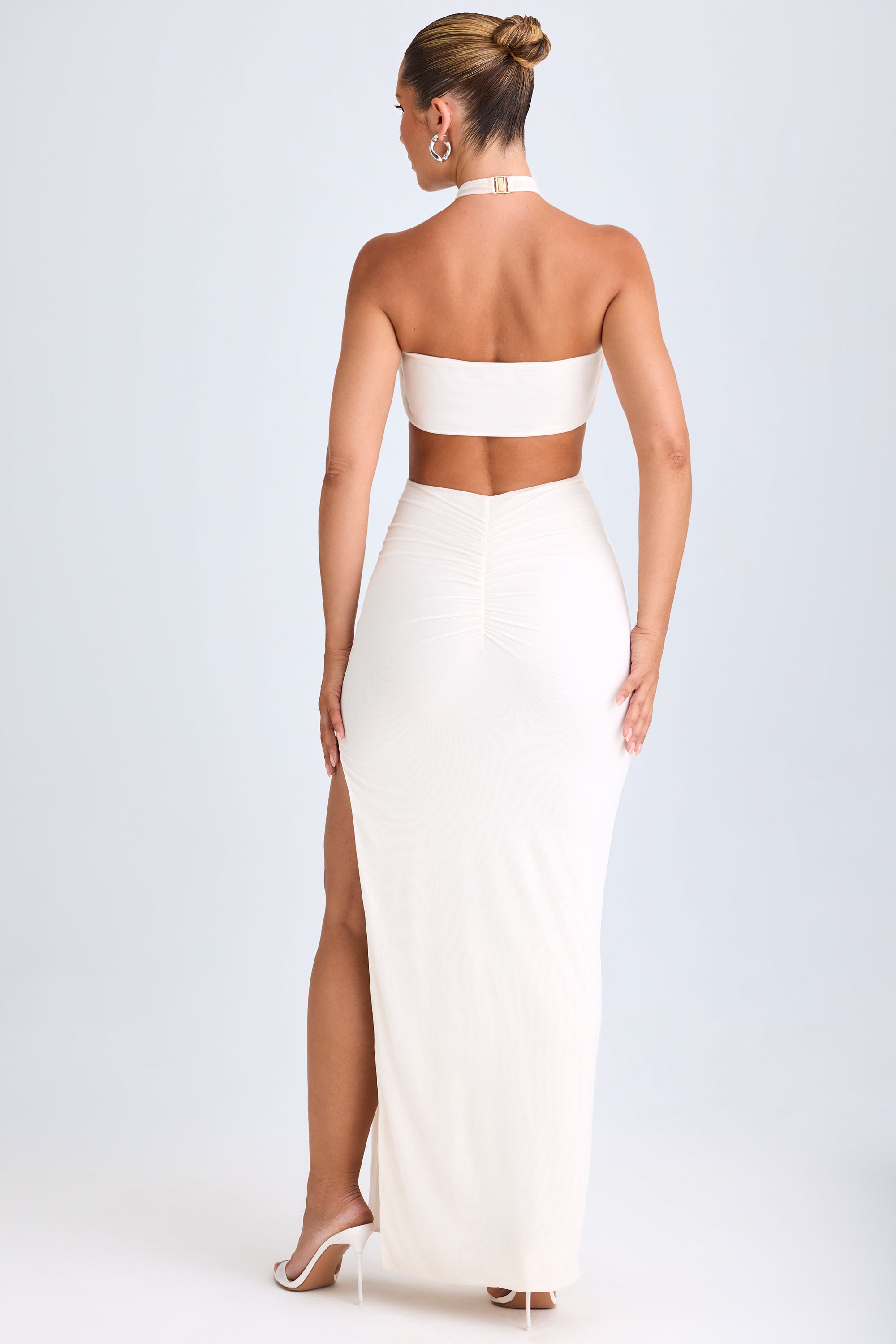 Cut-Out Ruched Halterneck Maxi Dress in White - Image 2