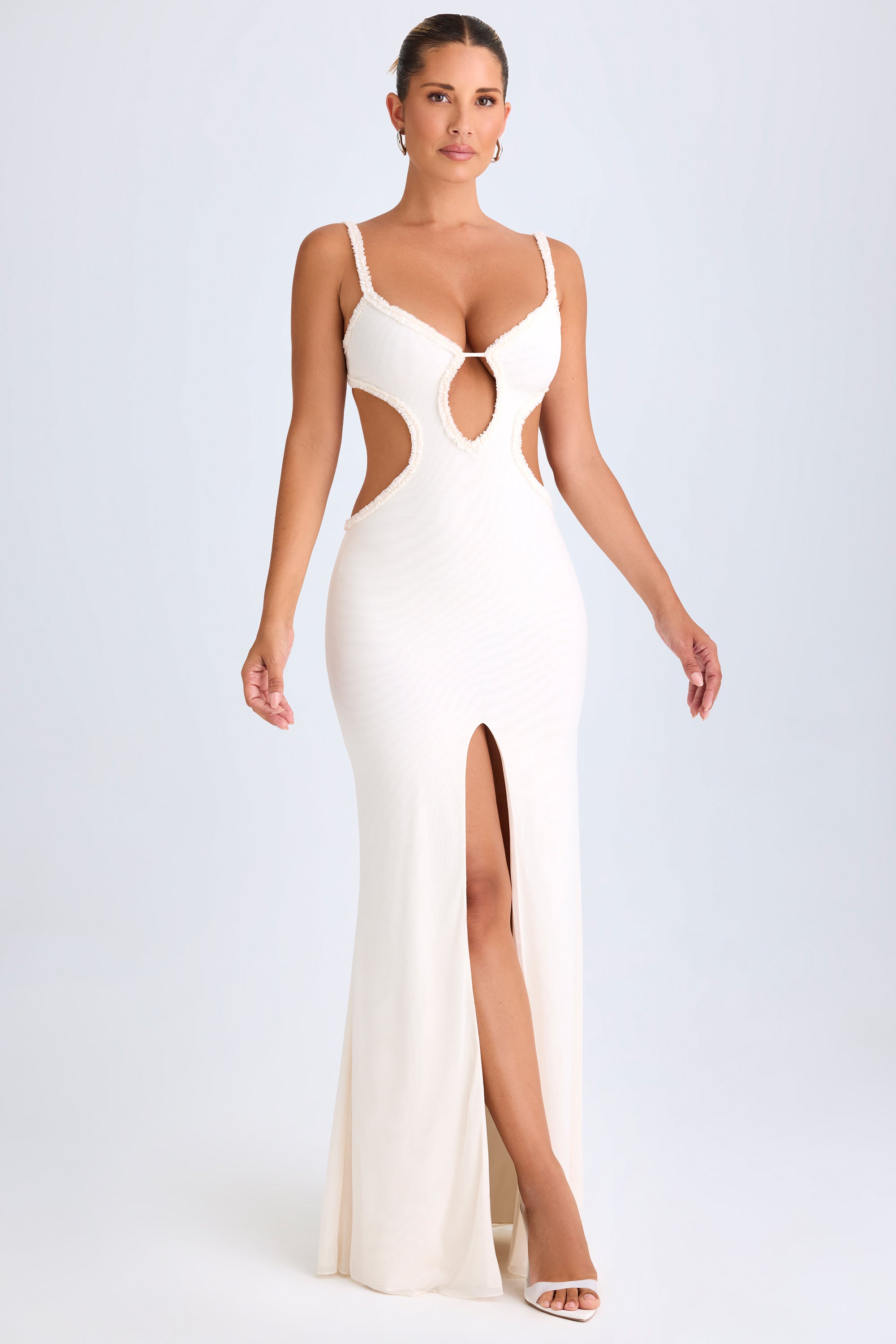 Ruffle-Appliqu?? Cut-Out Maxi Dress in White