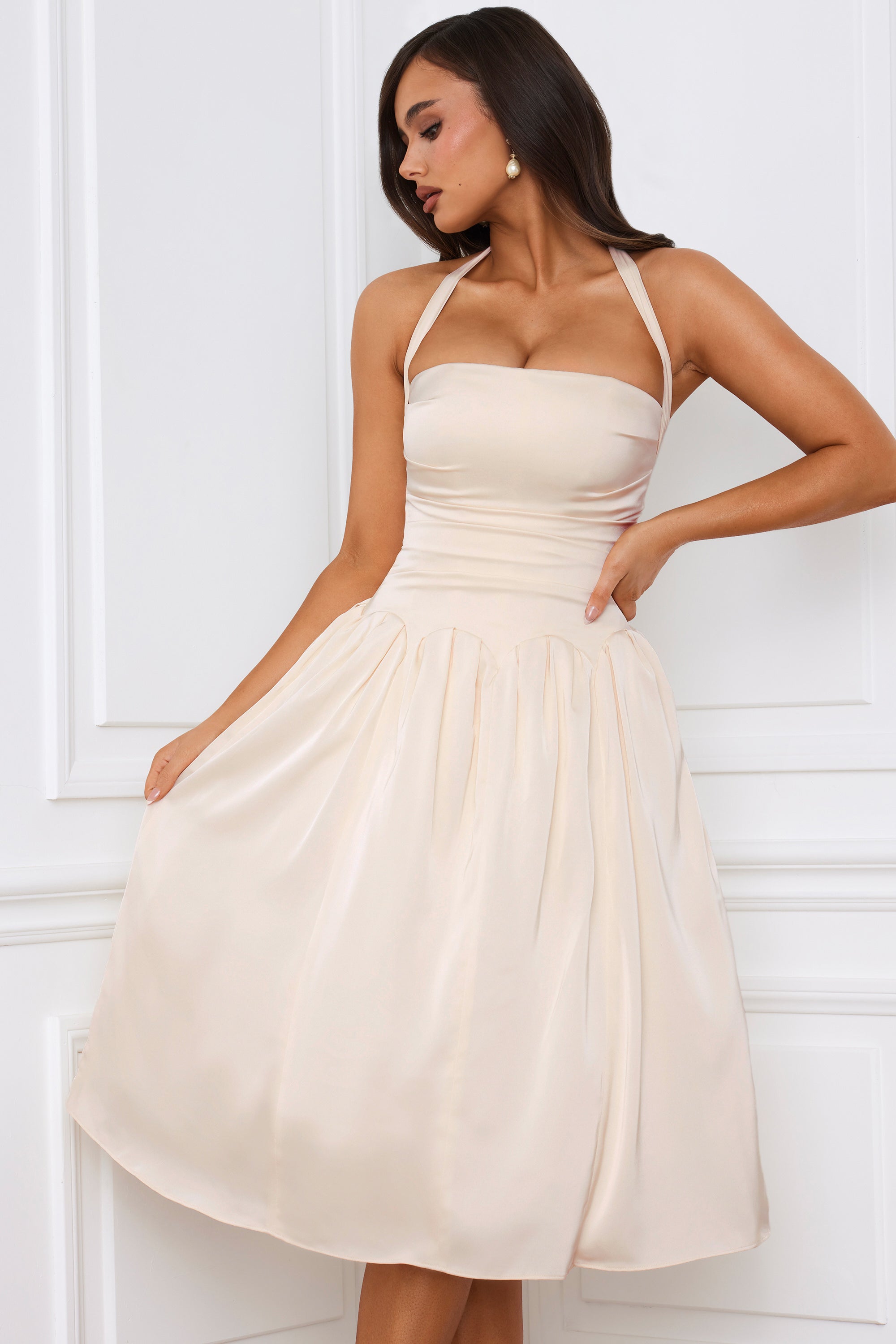 Amelie Halterneck Lace-Up Ruched Corset Midi Dress in Ivory - Image 5