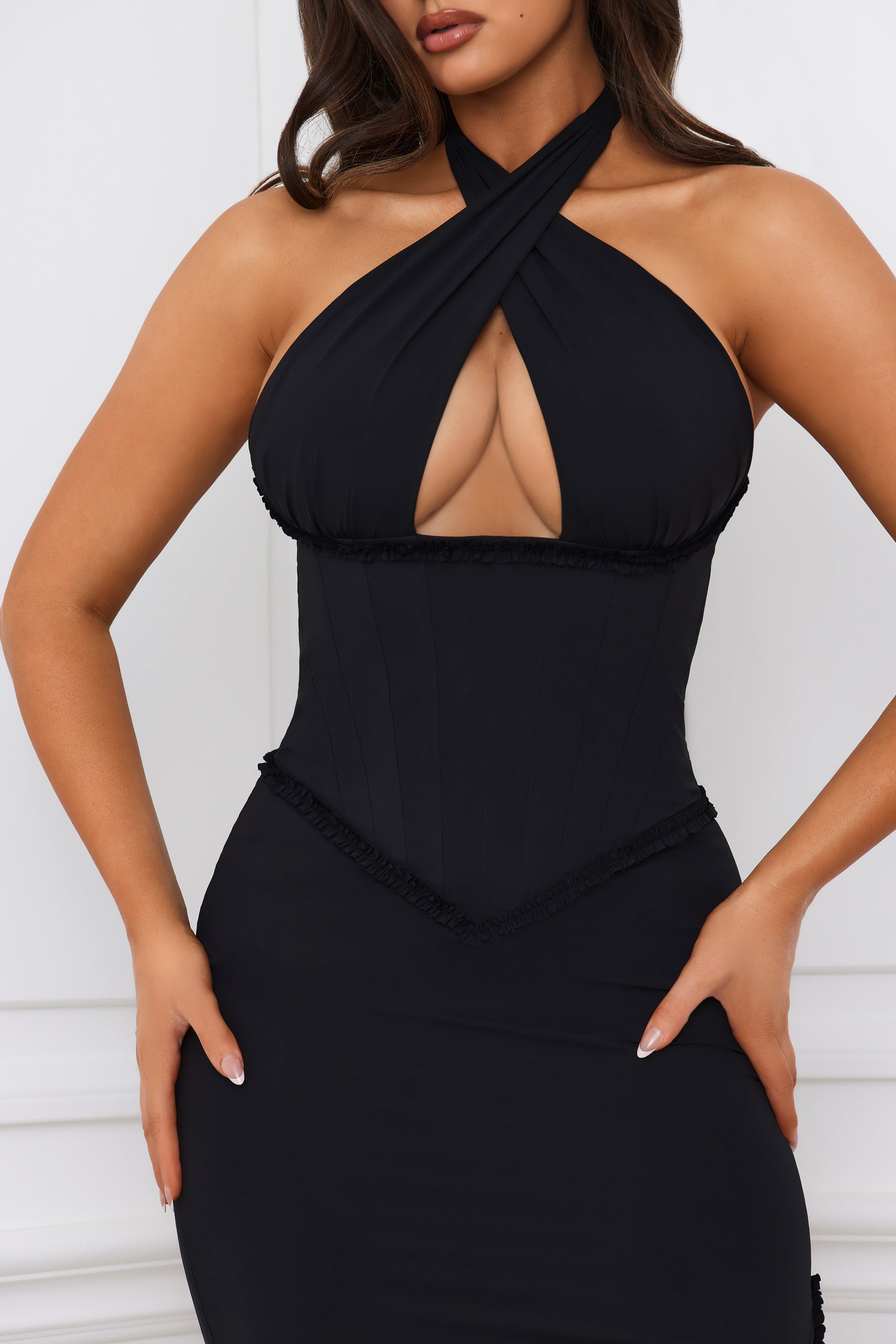 Penelope Halterneck Lace-Up Corset Maxi Dress in Black - Image 5