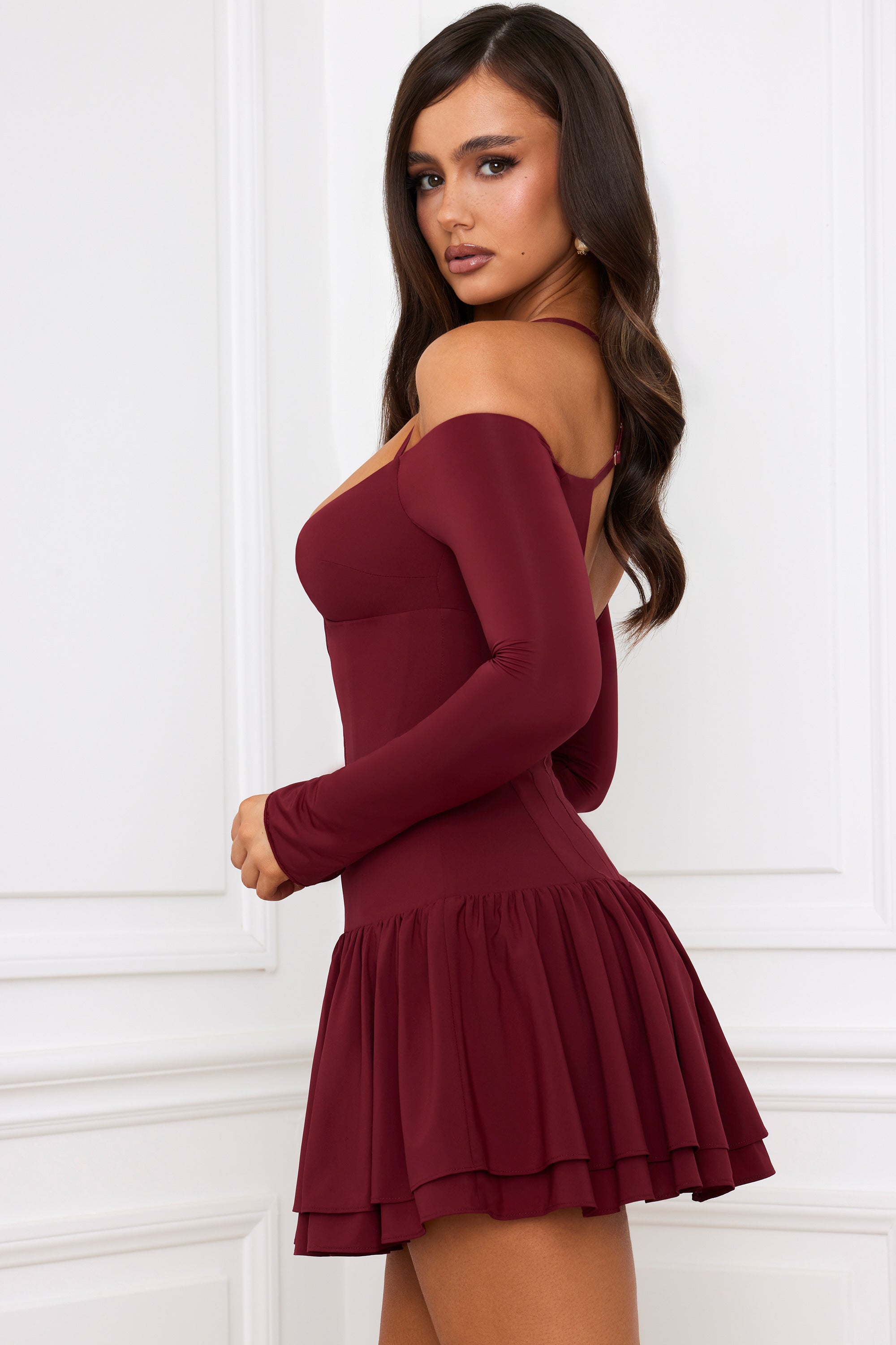 Maren Off-Shoulder Tiered Corset Mini Dress in Berry Red - Image 3