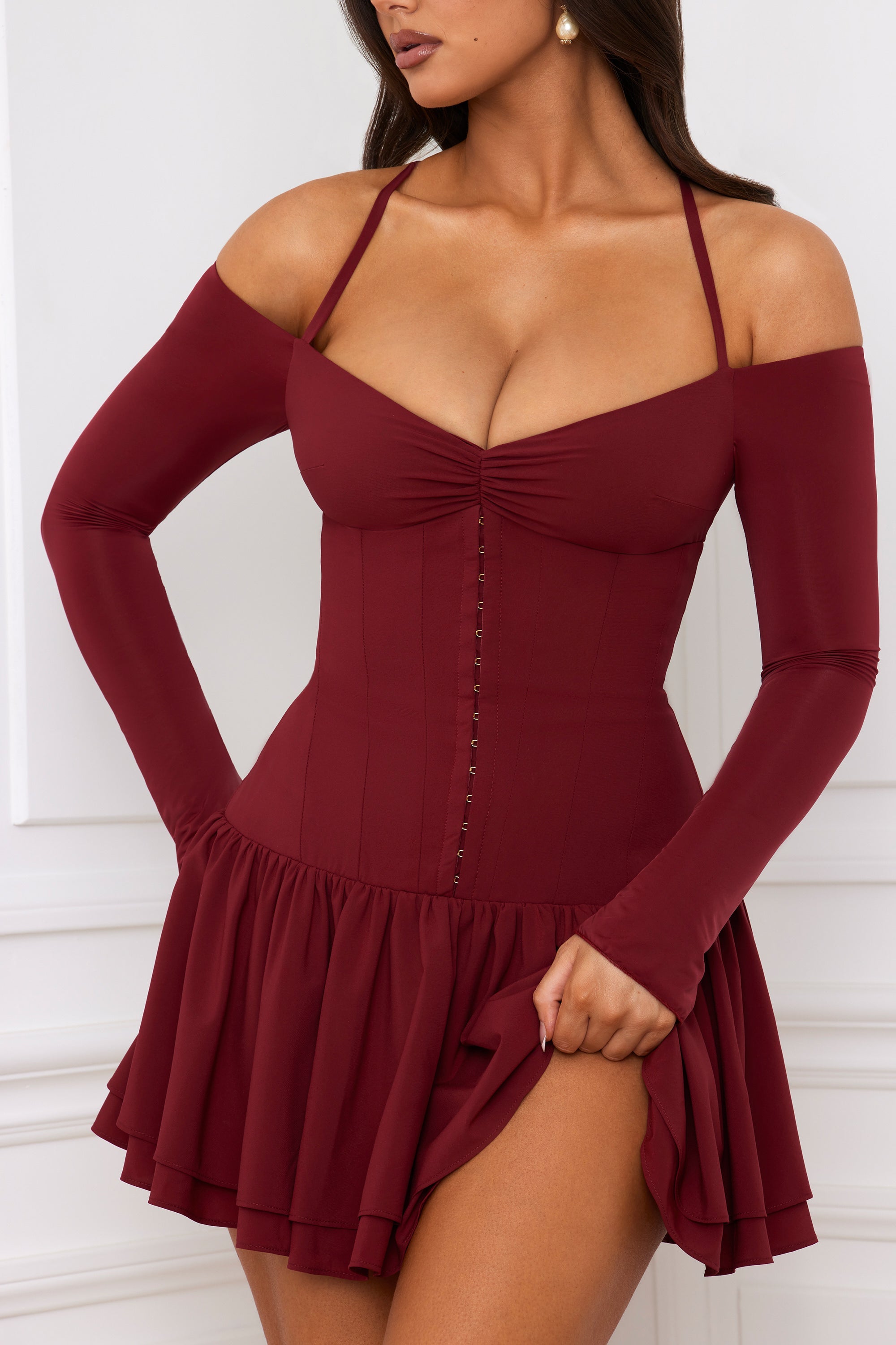 Maren Off-Shoulder Tiered Corset Mini Dress in Berry Red - Image 4