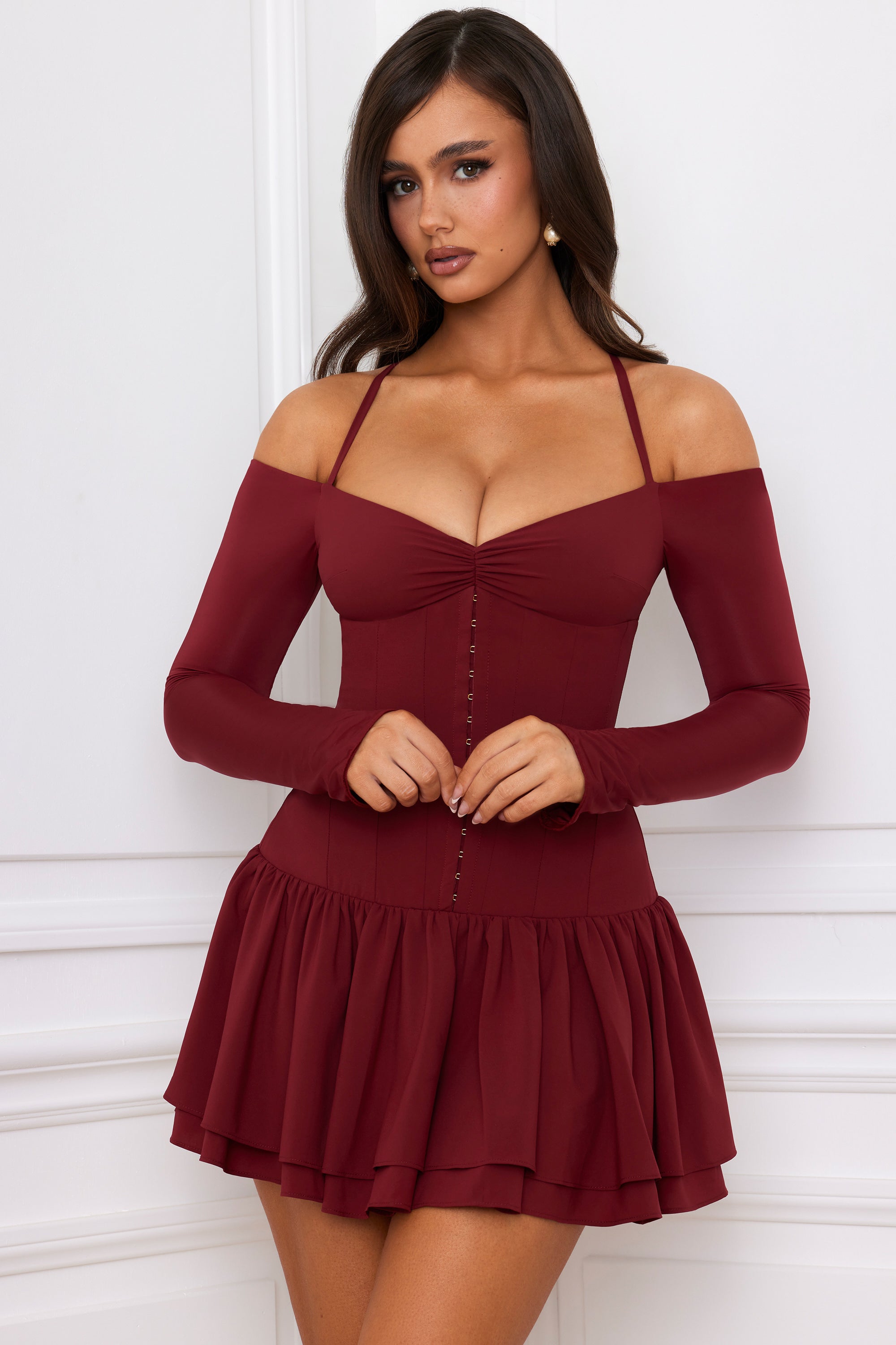 Maren Off-Shoulder Tiered Corset Mini Dress in Berry Red - Image 5