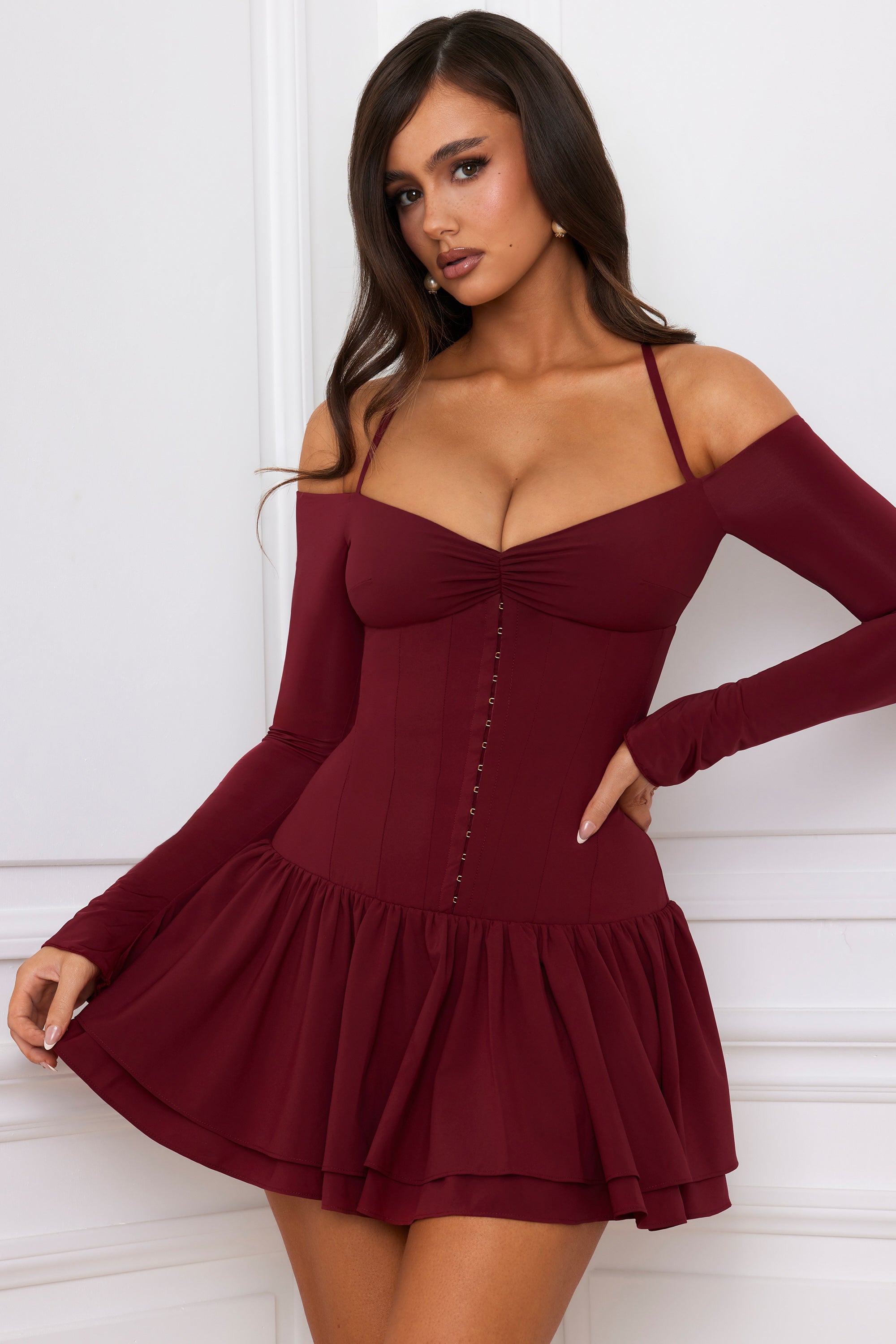 Maren Off-Shoulder Tiered Corset Mini Dress in Berry Red - Image 6