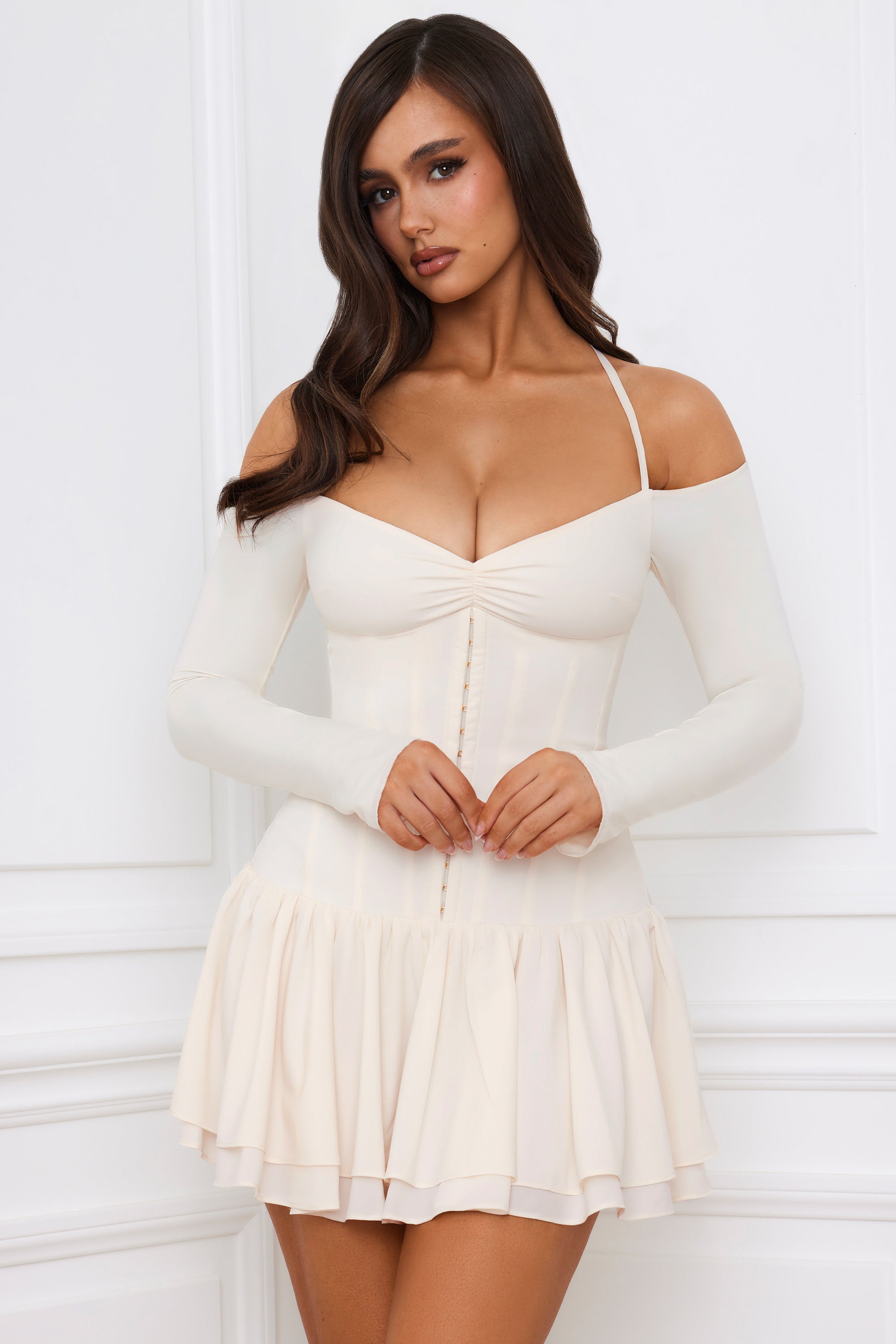 Maren Off-Shoulder Tiered Corset Mini Dress in Ivory - Image 10
