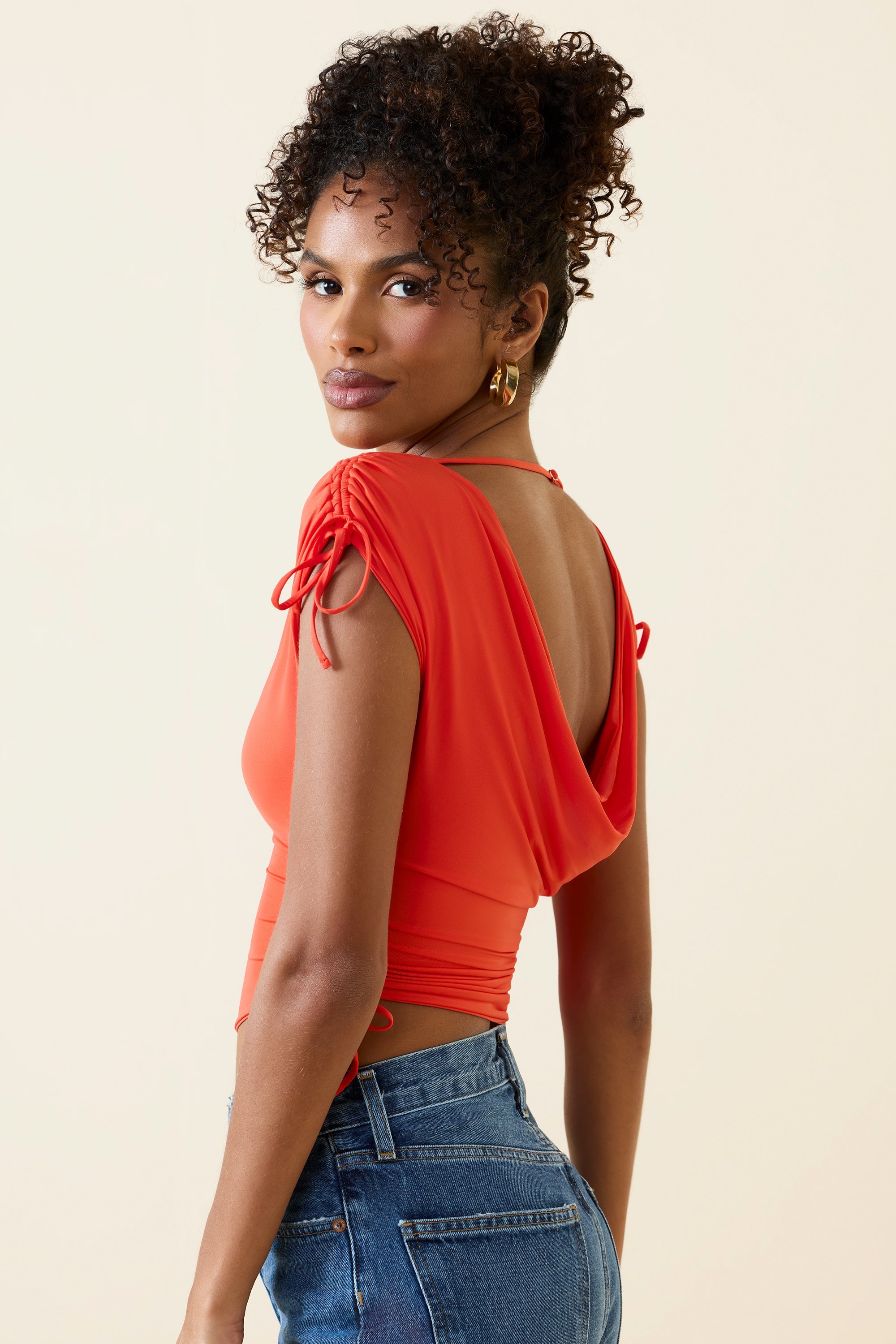Kaede Asymmetric Ruched Cowl-Back Crop Top in Scarlet - Image 3