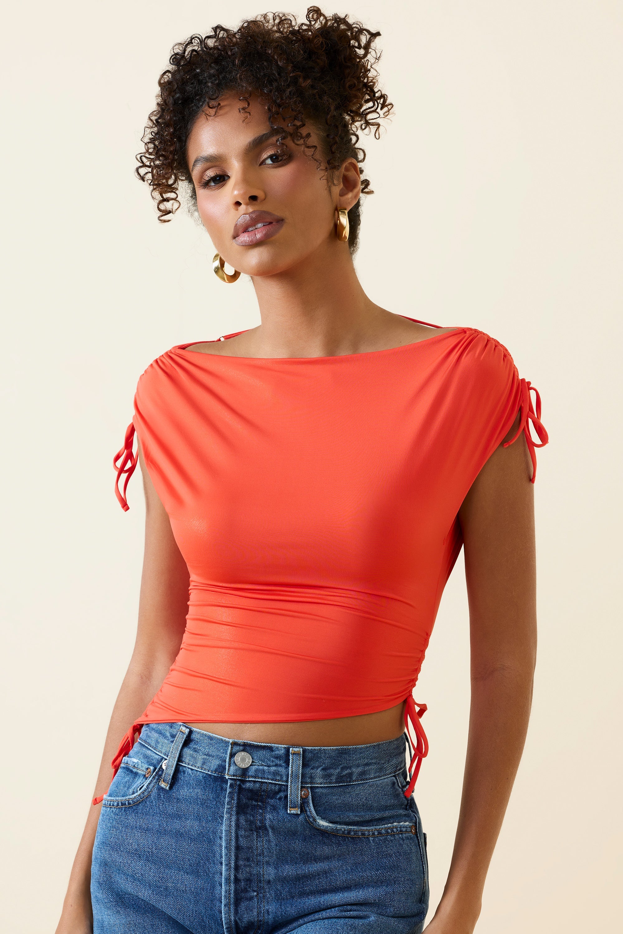 Kaede Asymmetric Ruched Cowl-Back Crop Top in Scarlet - Image 6
