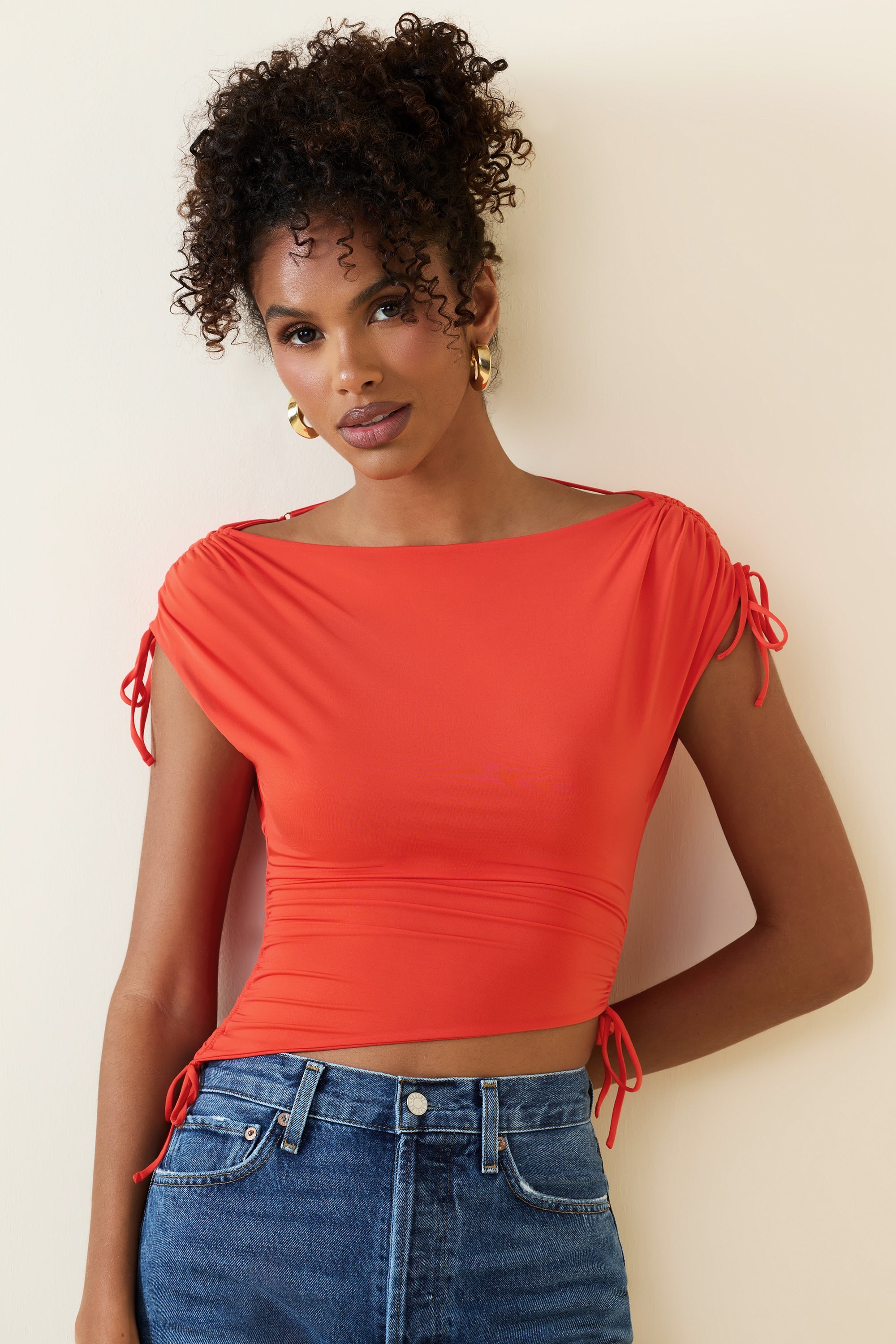 Kaede Asymmetric Ruched Cowl-Back Crop Top in Scarlet - Image 4