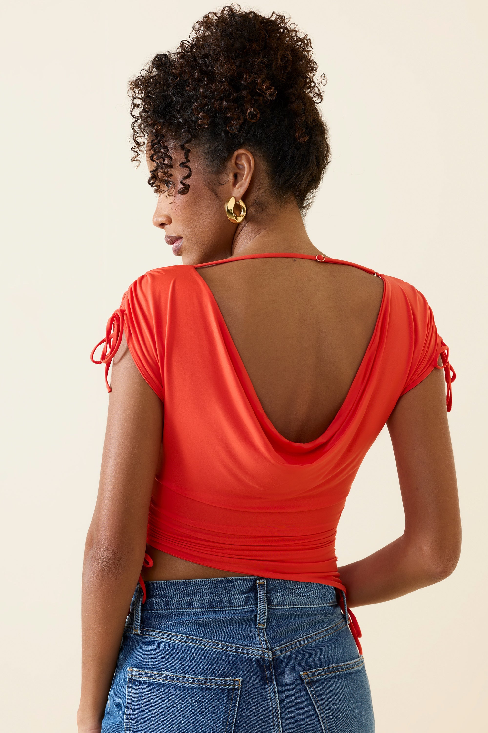 Kaede Asymmetric Ruched Cowl-Back Crop Top in Scarlet - Image 5