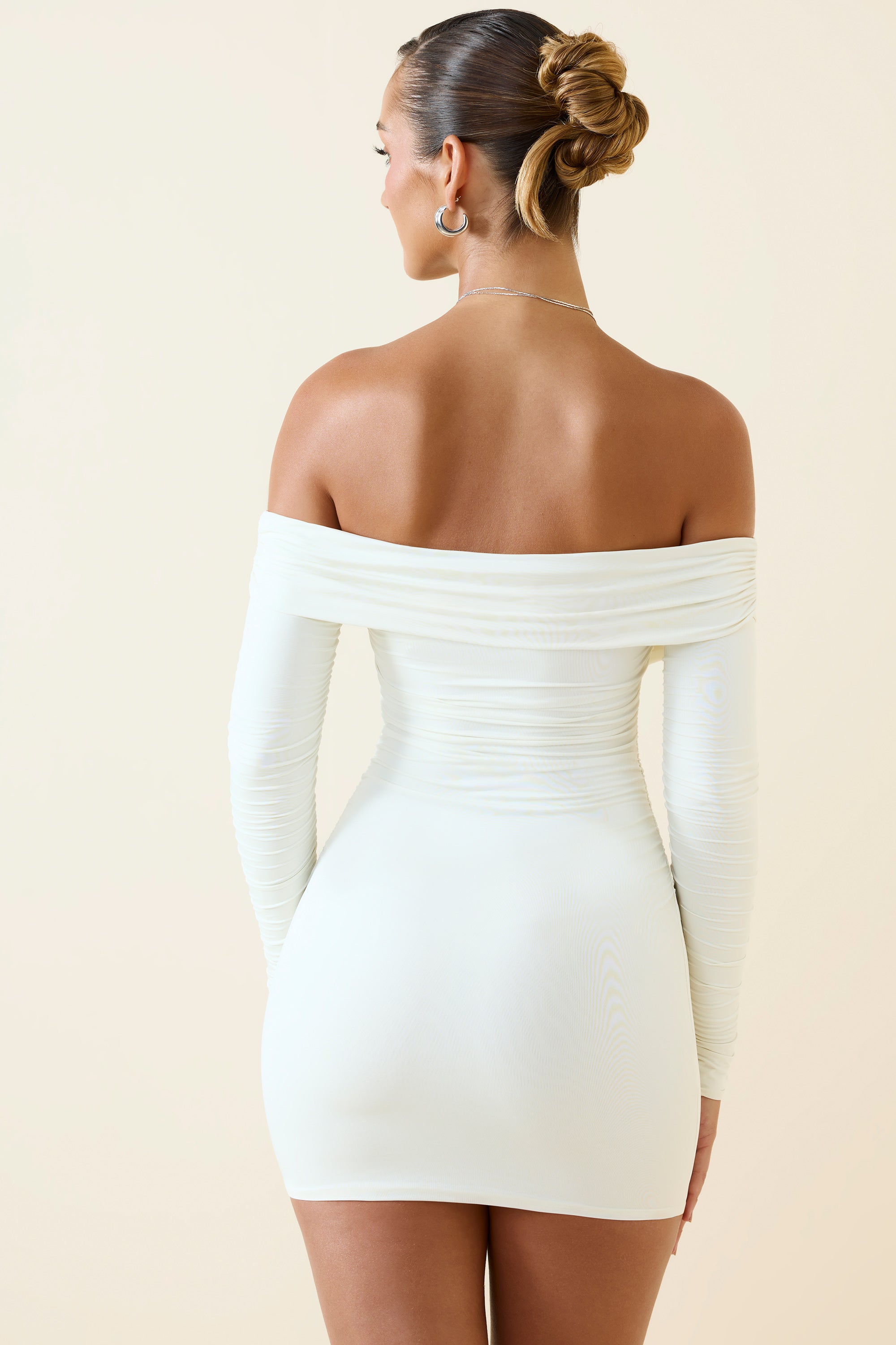 Aarti Off-Shoulder Ruched Bodycon Mini Dress in Vanilla - Image 2