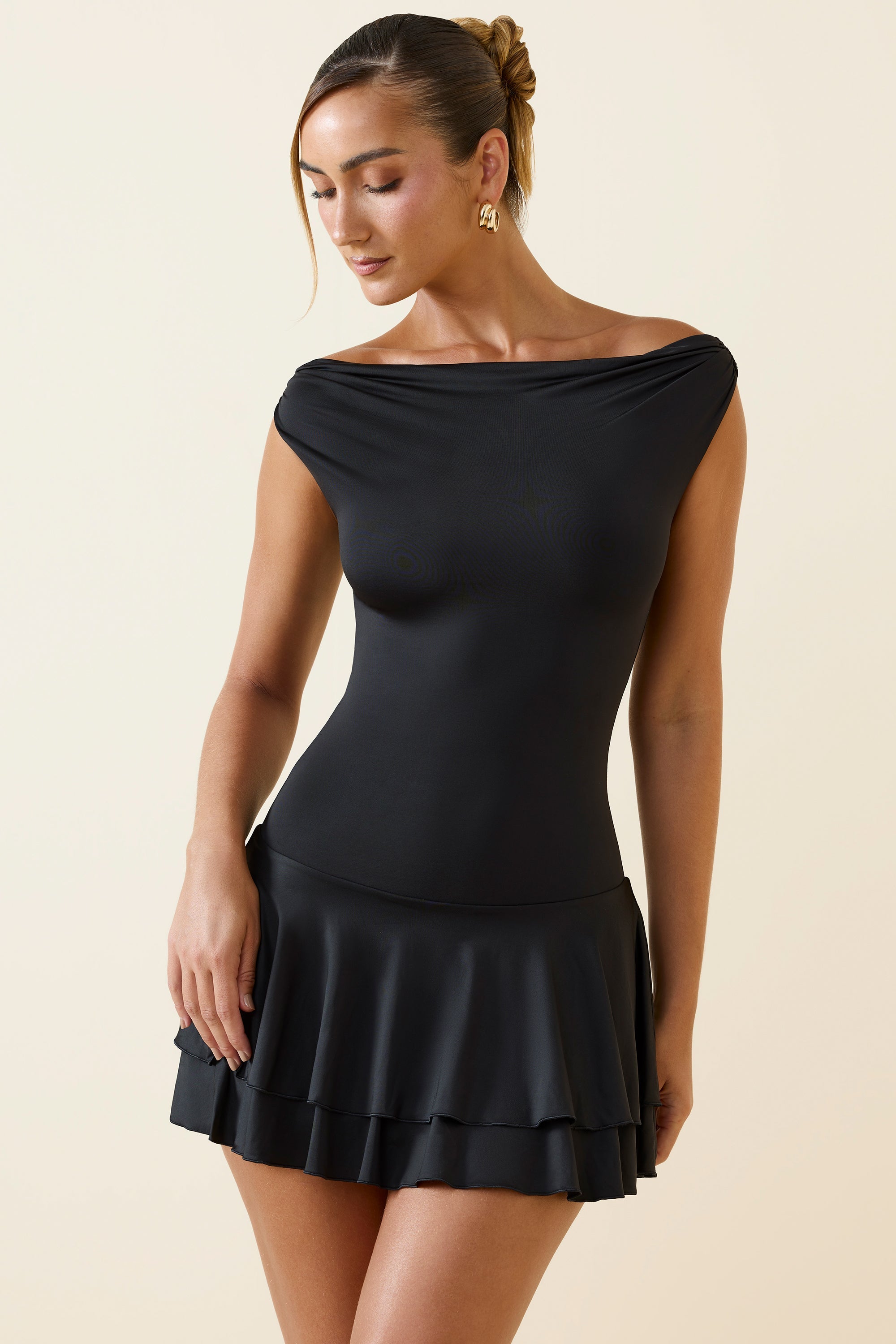 Bellona Off-Shoulder Ruffled Mini Dress in Black - Image 6