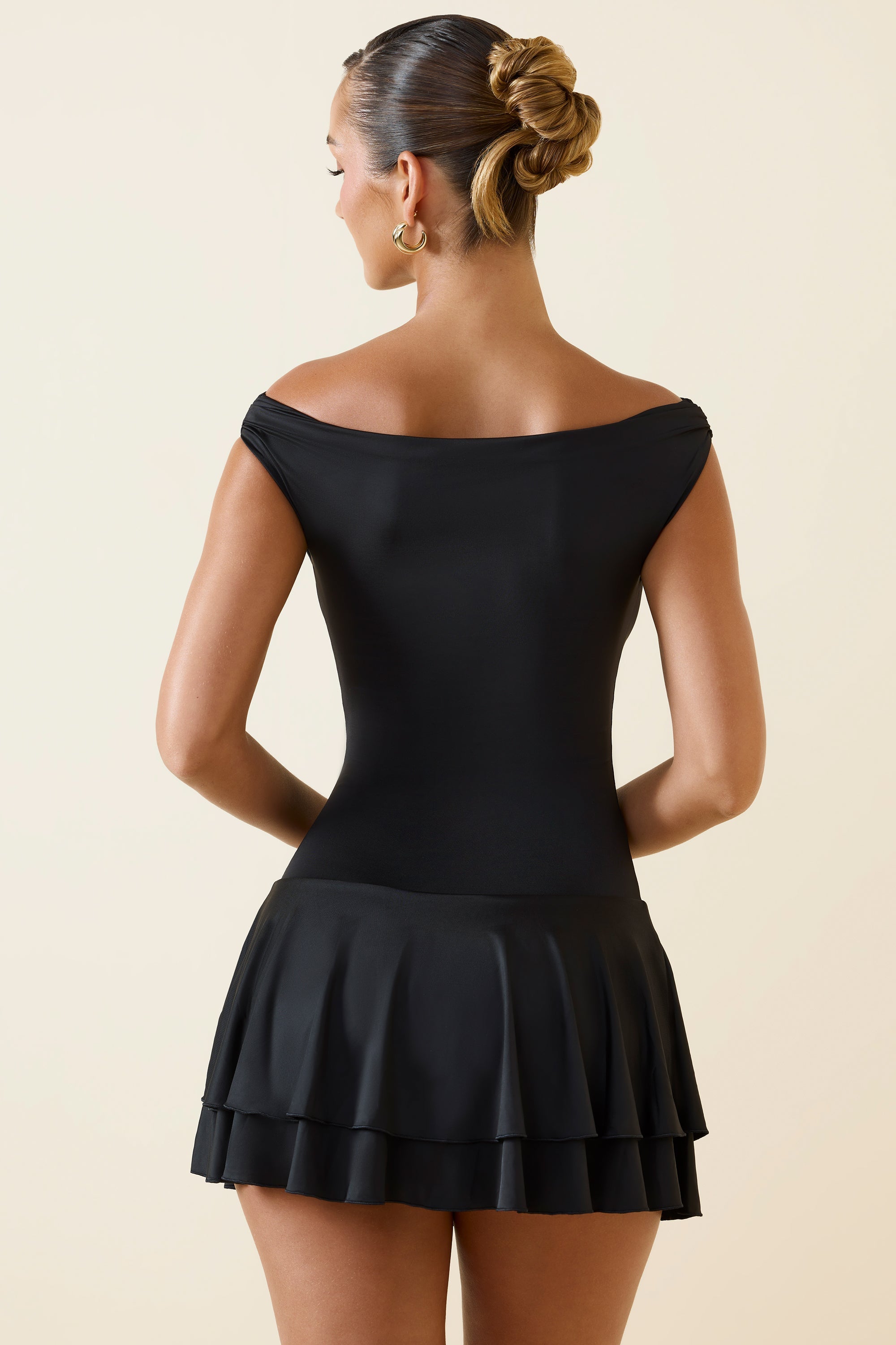 Bellona Off-Shoulder Ruffled Mini Dress in Black - Image 2