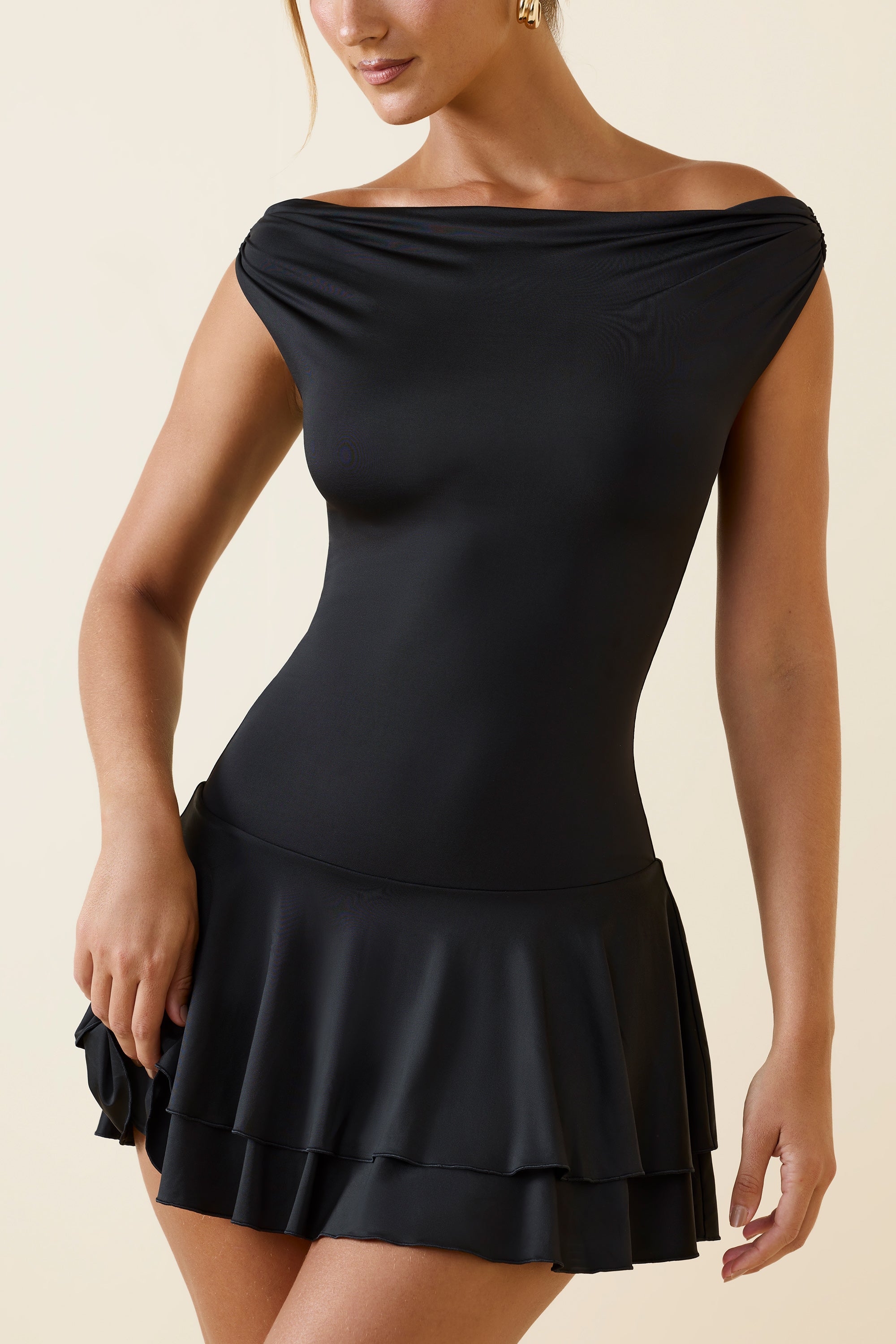 Bellona Off-Shoulder Ruffled Mini Dress in Black - Image 4