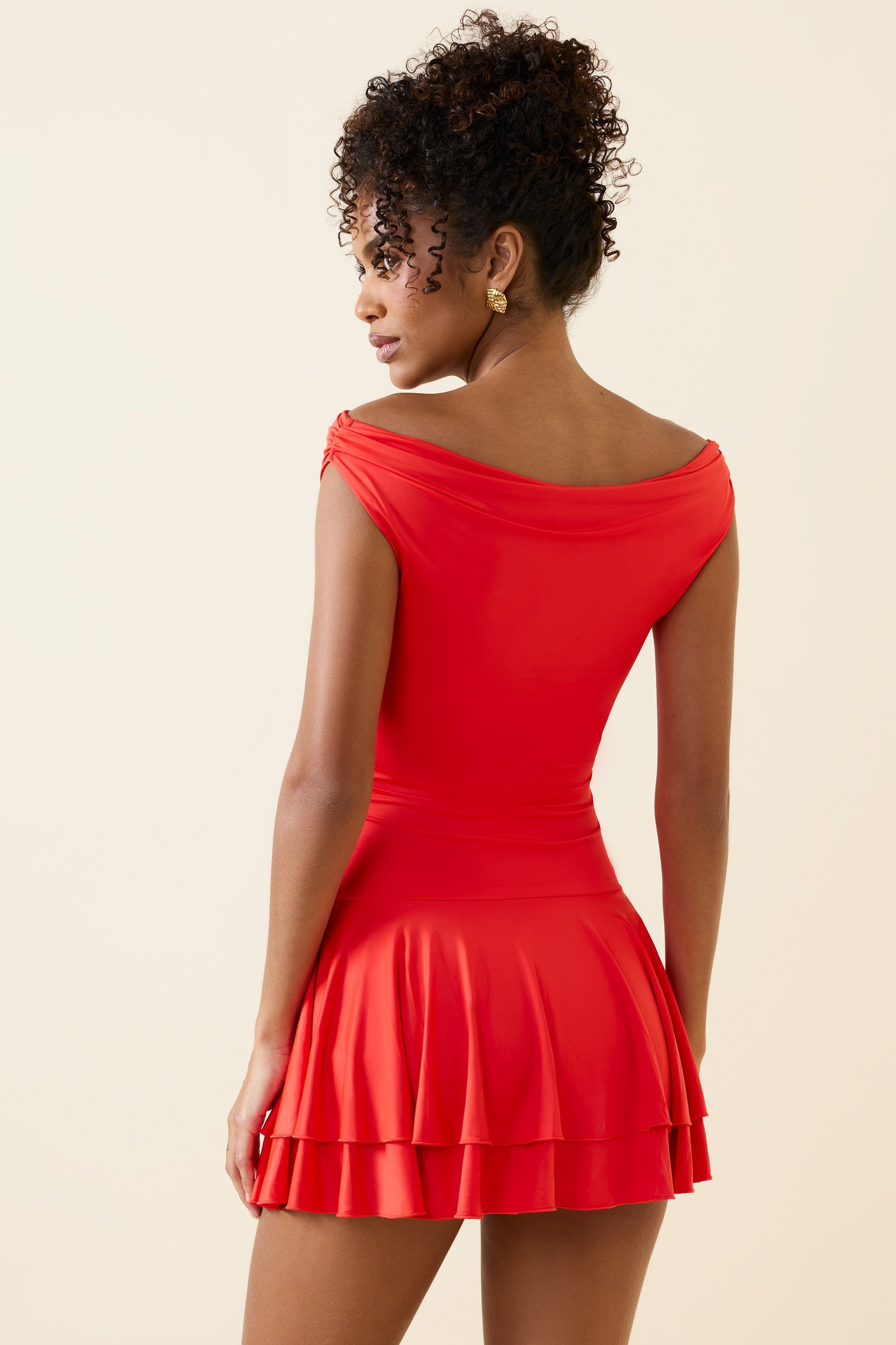 Bellona Off-Shoulder Ruffled Mini Dress in Scarlet - Image 2