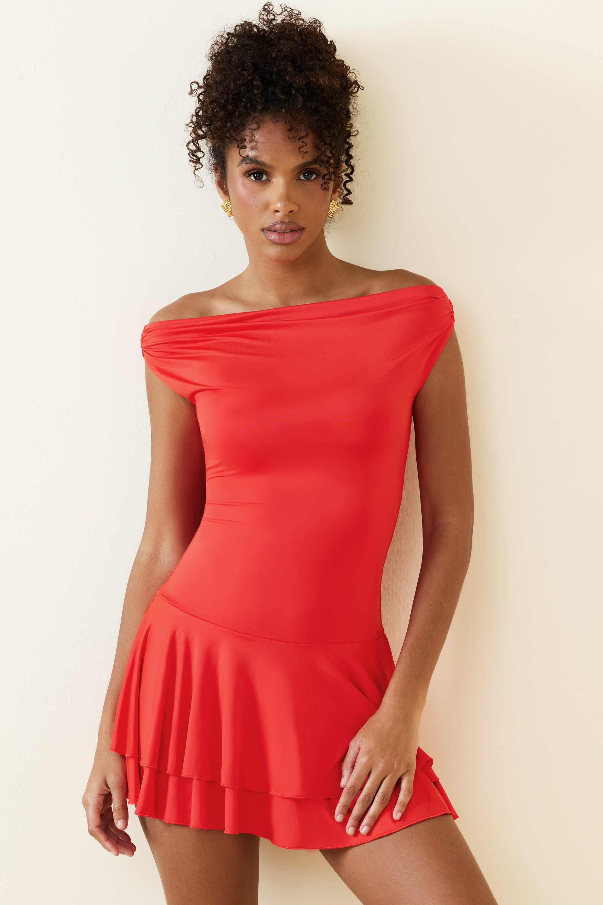 Bellona Off-Shoulder Ruffled Mini Dress in Scarlet - Image 6