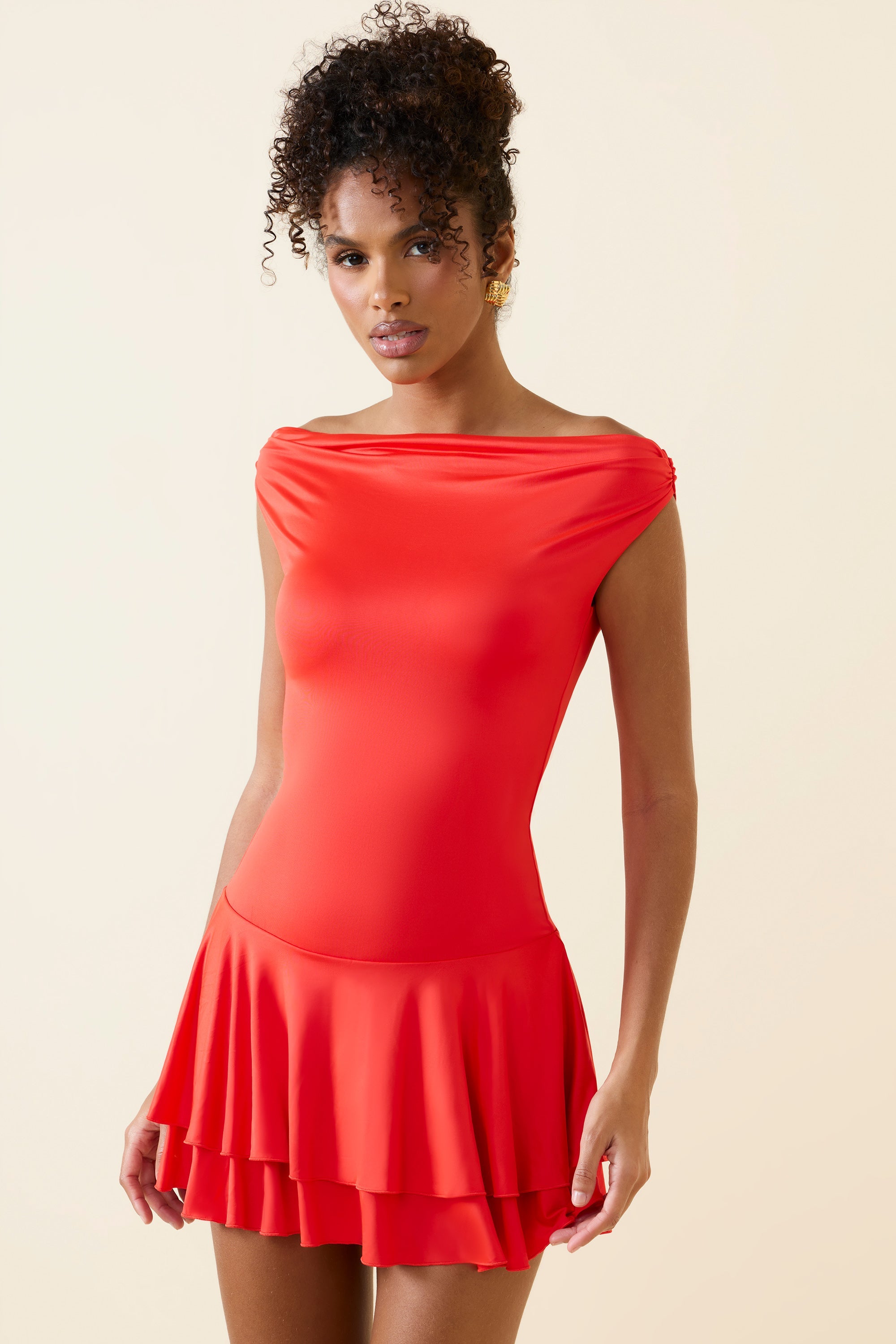 Bellona Off-Shoulder Ruffled Mini Dress in Scarlet - Image 5