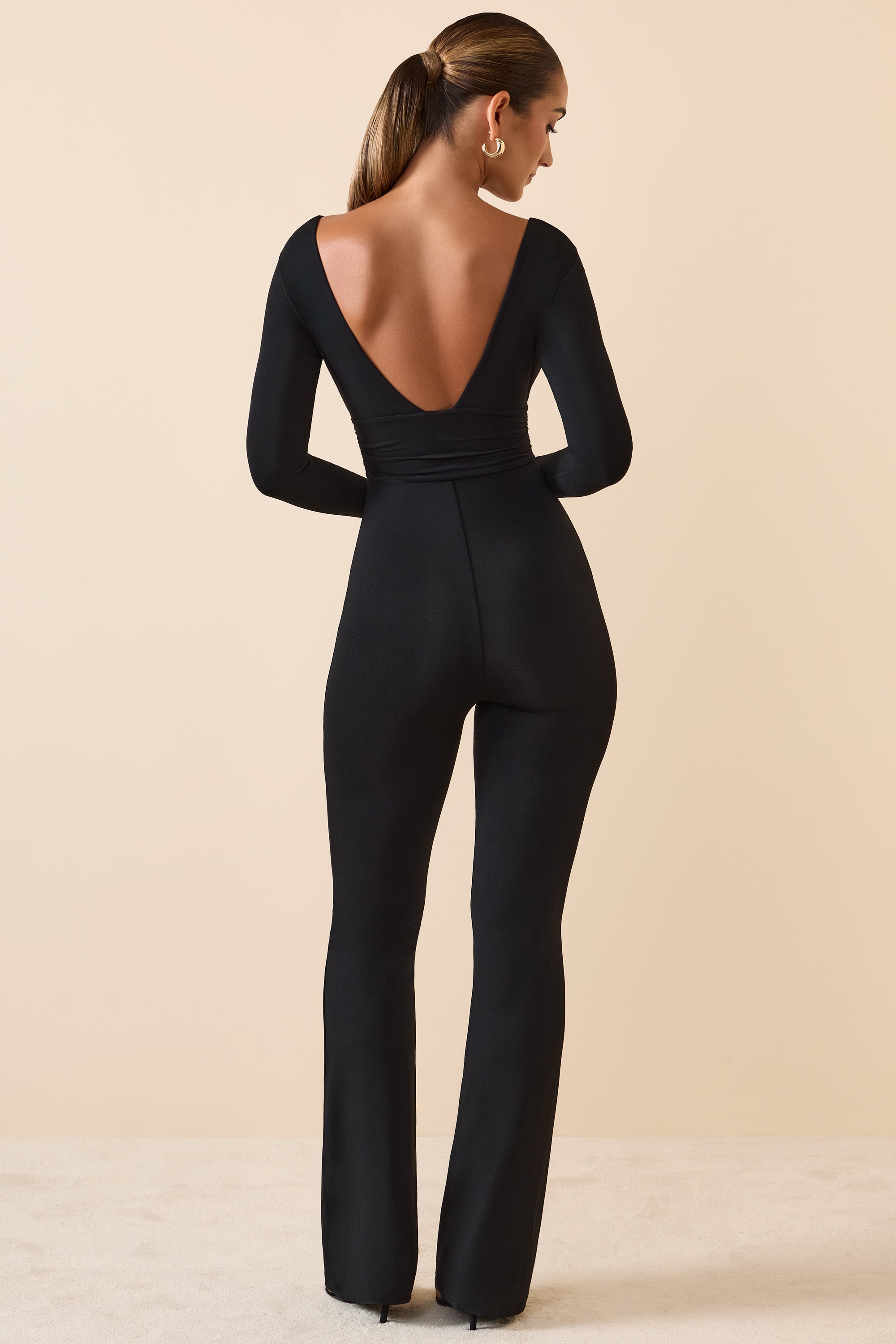 Helene Modal Ruched Plunge Flared Jumpsuit in Black - Image 2