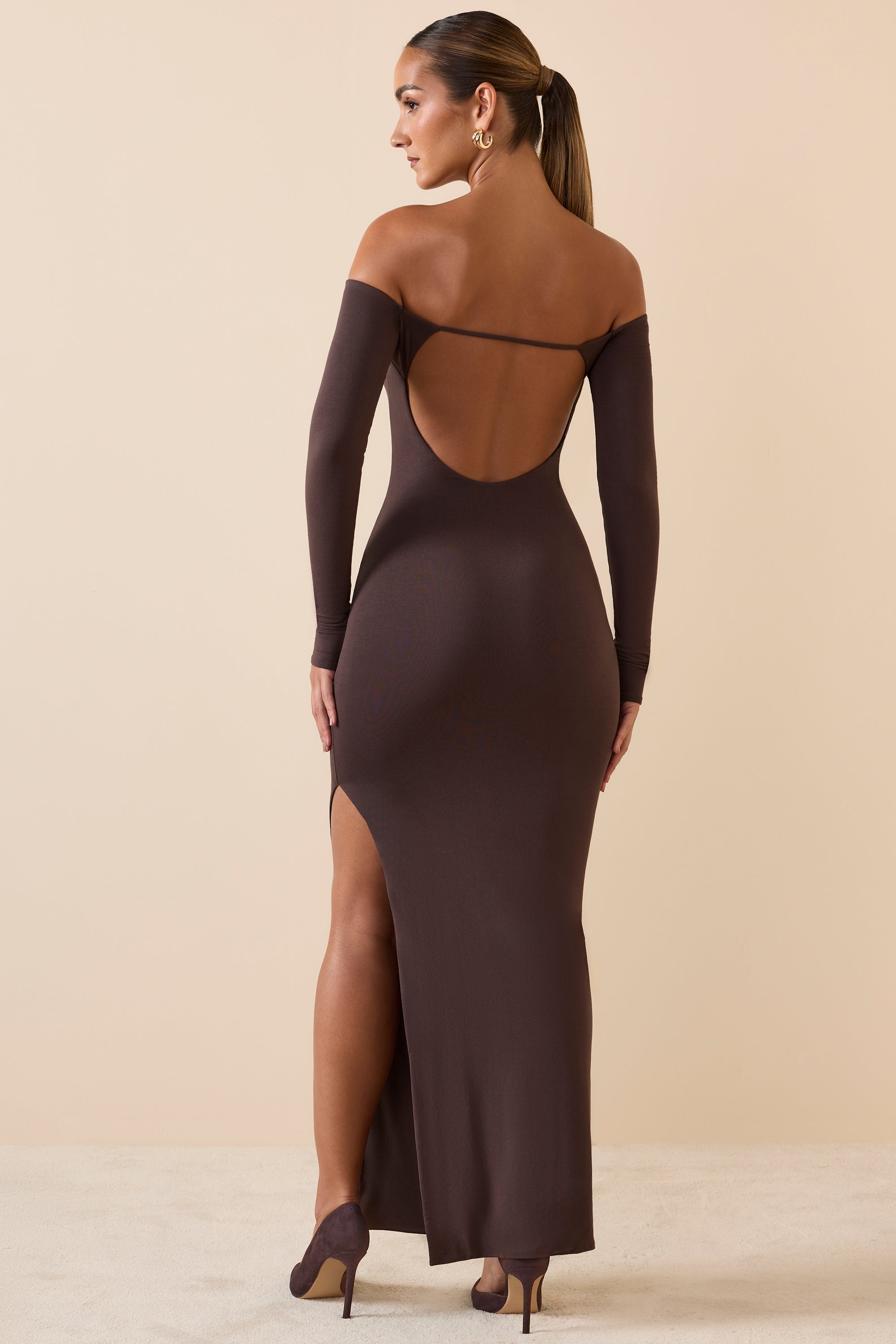 Georgie Modal Off-Shoulder Open-Back Maxi Dress in Chocolate Brown - Image 2