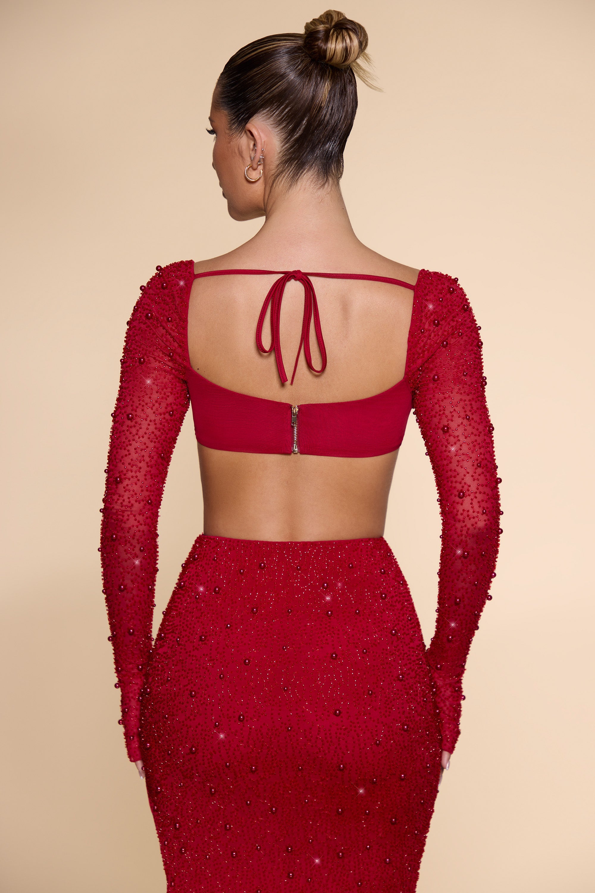 La Desirade Embellished Cowl Neck Crop Top in Red - Image 2