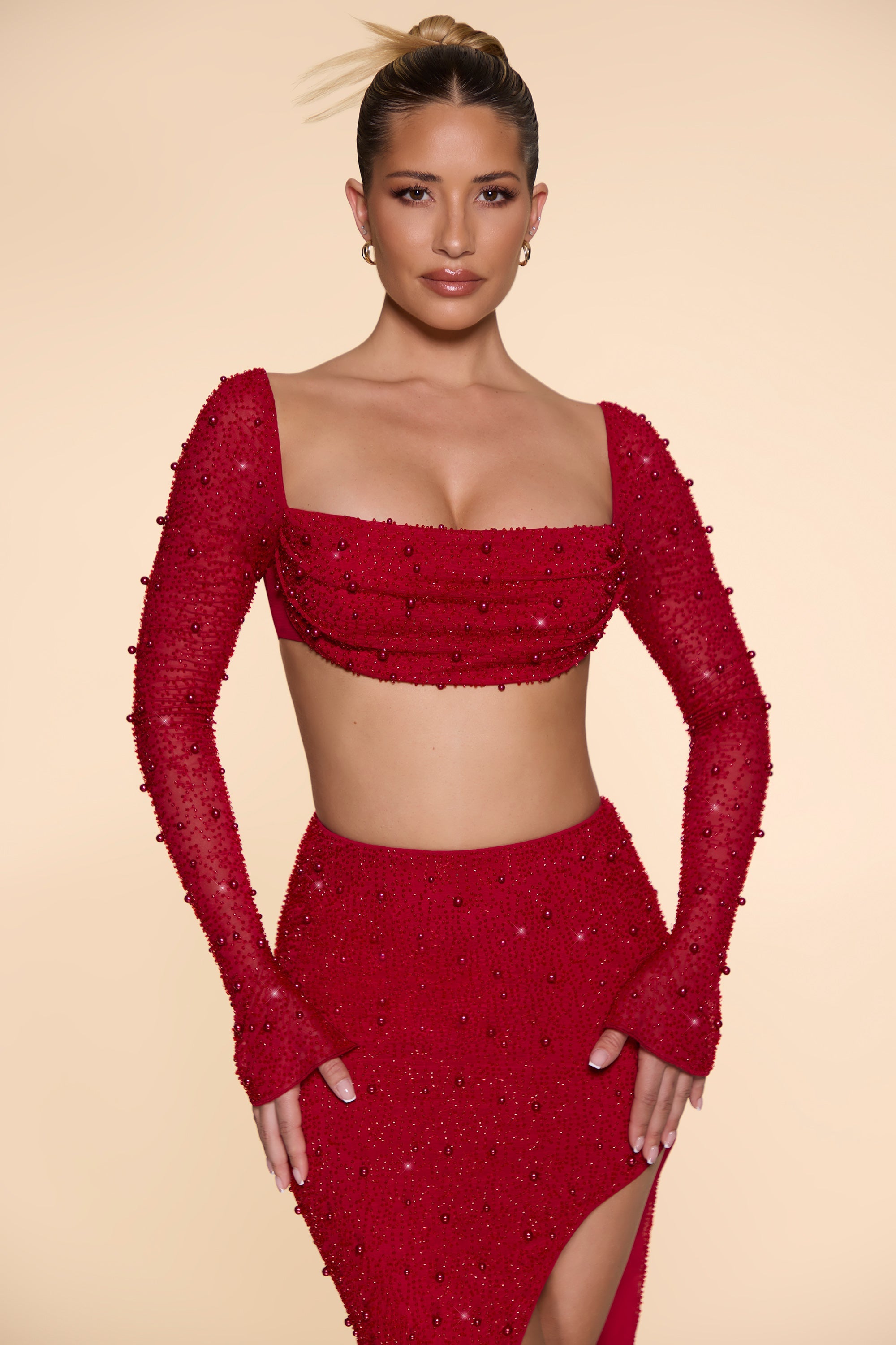 La Desirade Embellished Cowl Neck Crop Top in Red - Image 7