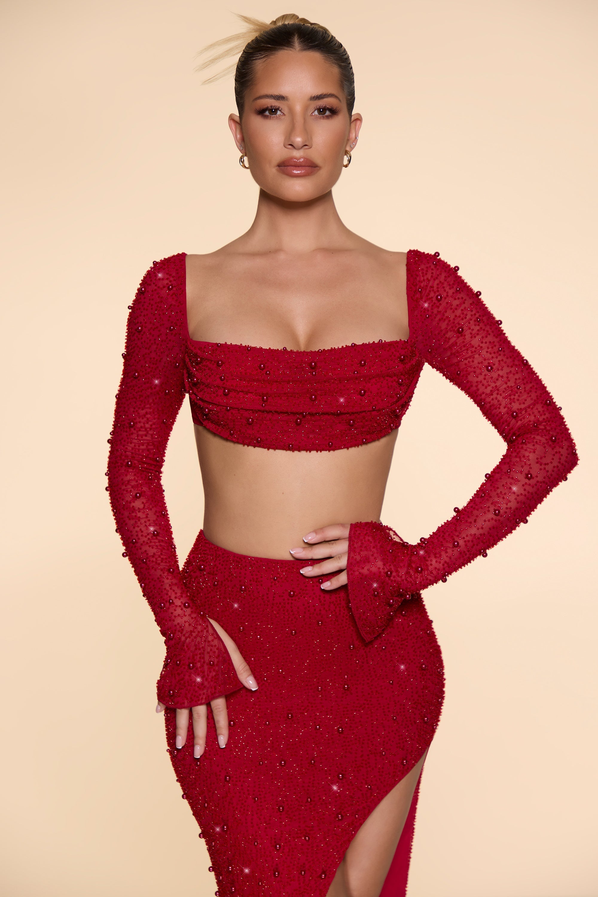 La Desirade Embellished Cowl Neck Crop Top in Red - Image 6