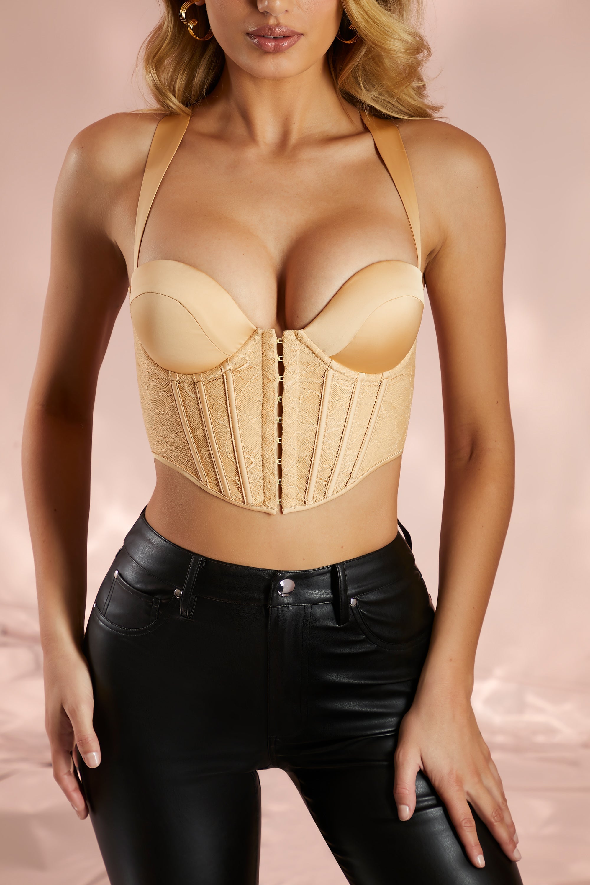 Adored Satin Lace Corset Crop Top in Sand - Image 4