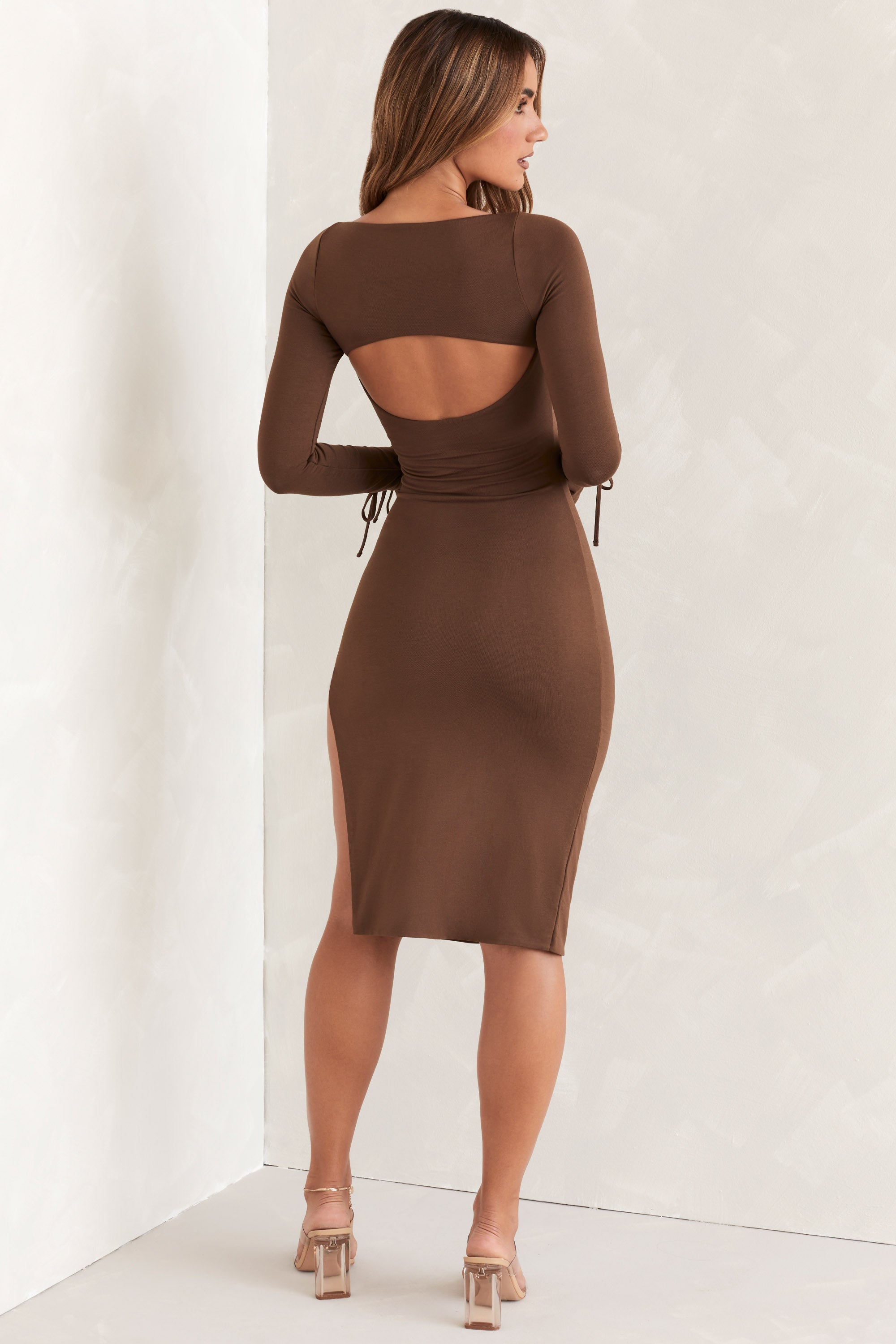 Sawyer Square Neck Long Sleeve Midi Dress in Brown - Image 2