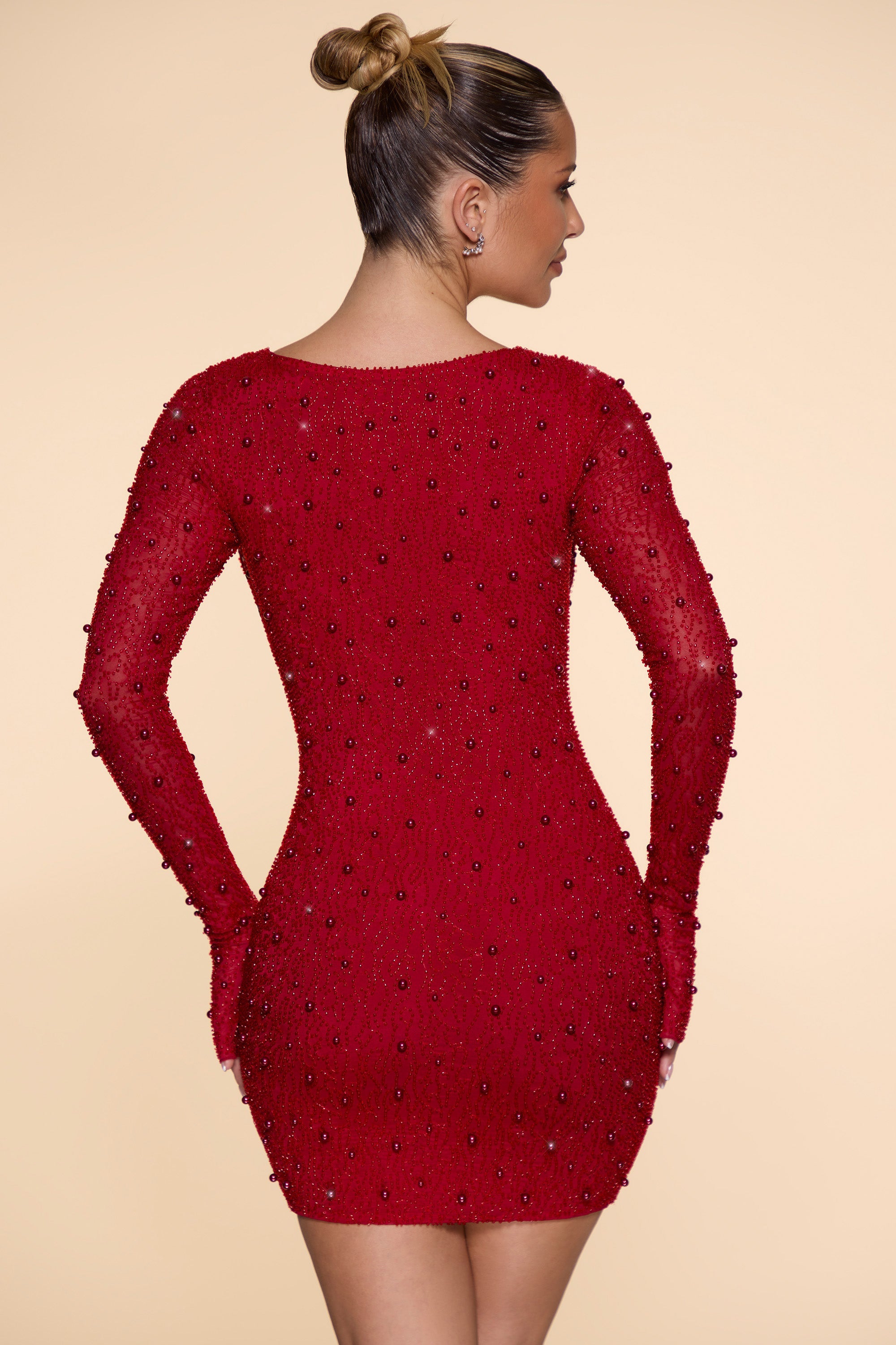 Nice Embellished Long Sleeve Plunge Mini Dress in Red - Image 2
