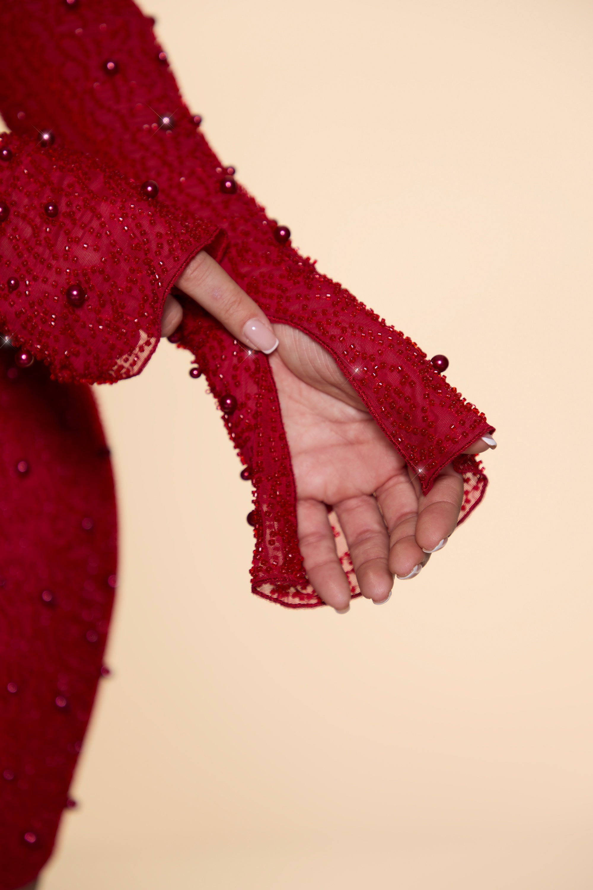 Nice Embellished Long Sleeve Plunge Mini Dress in Red - Image 8
