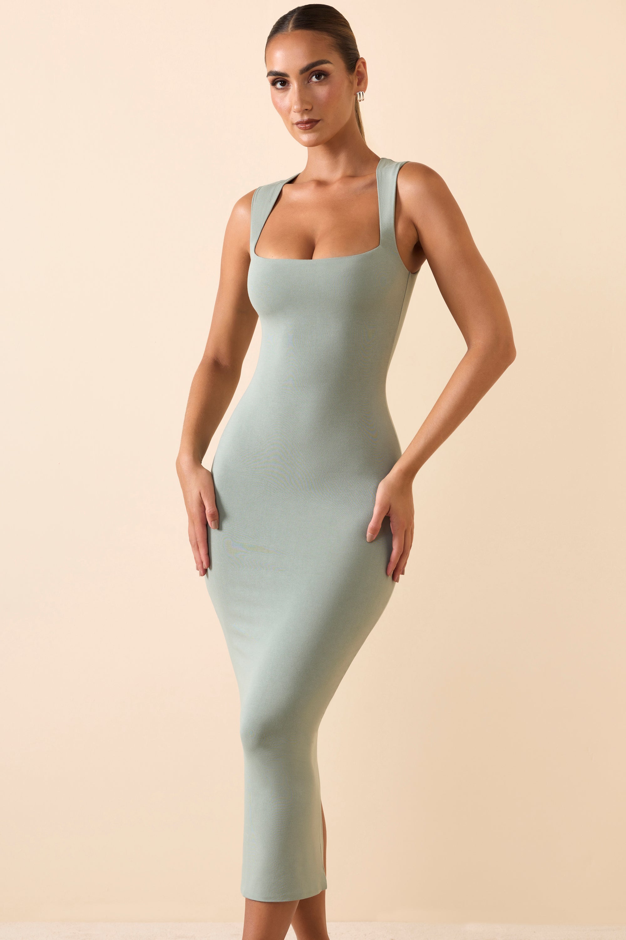 Ainslee Modal Square-Neck Midi Dress in Smoke Green