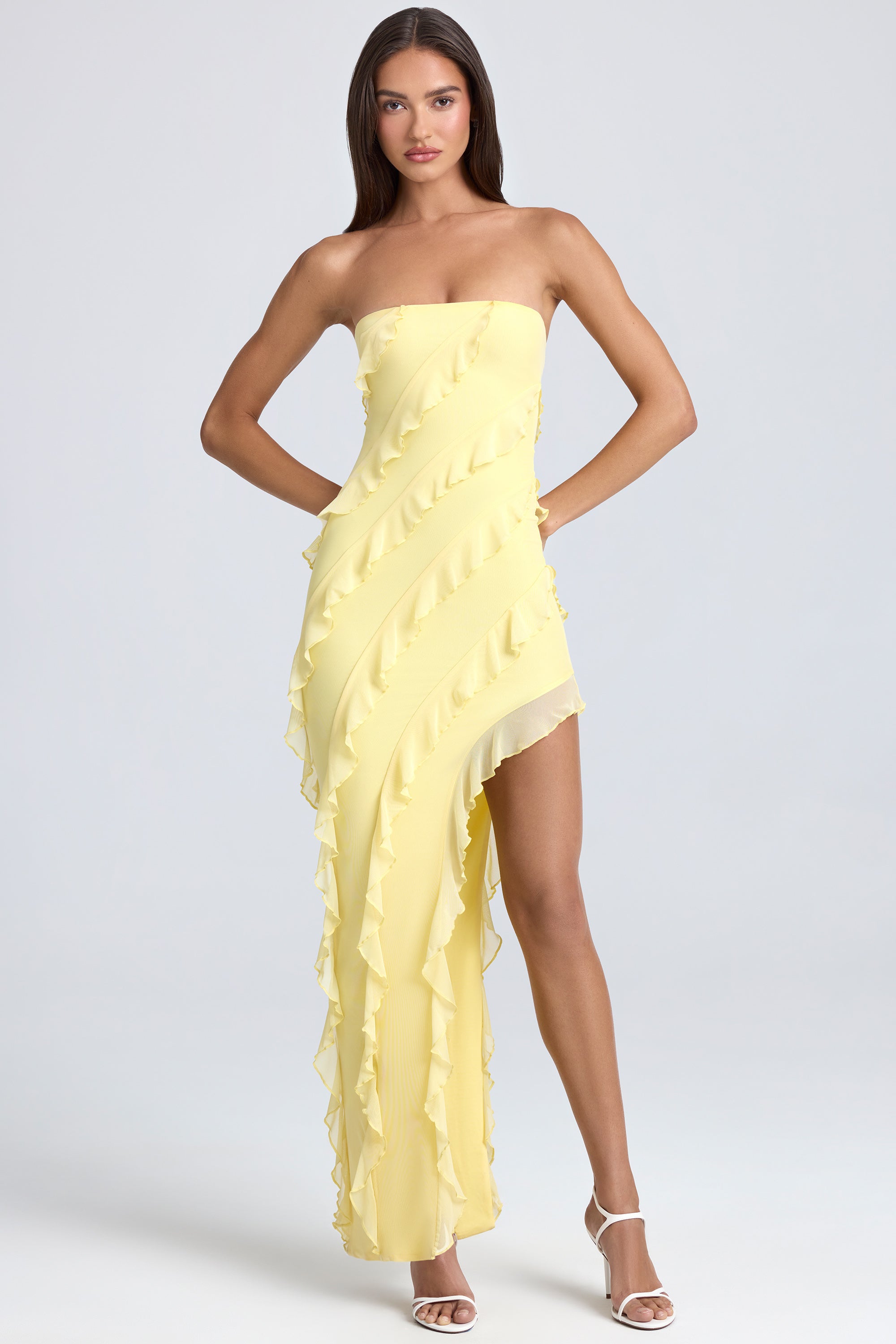 Nevali Bandeau Ruffle-Trim Maxi Dress in Lemon Sherbet
