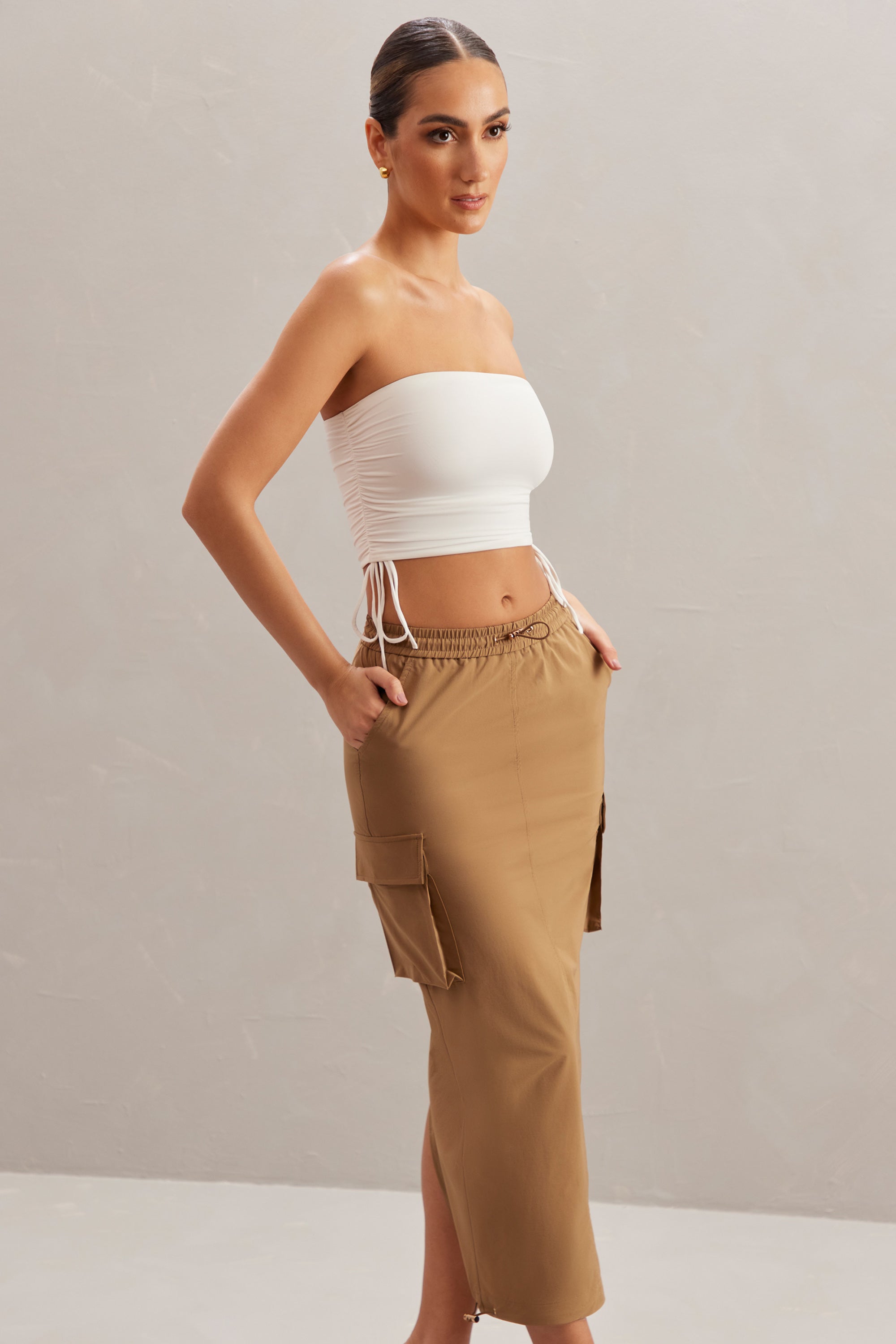 Kirra Cargo Maxi Skirt in Tan