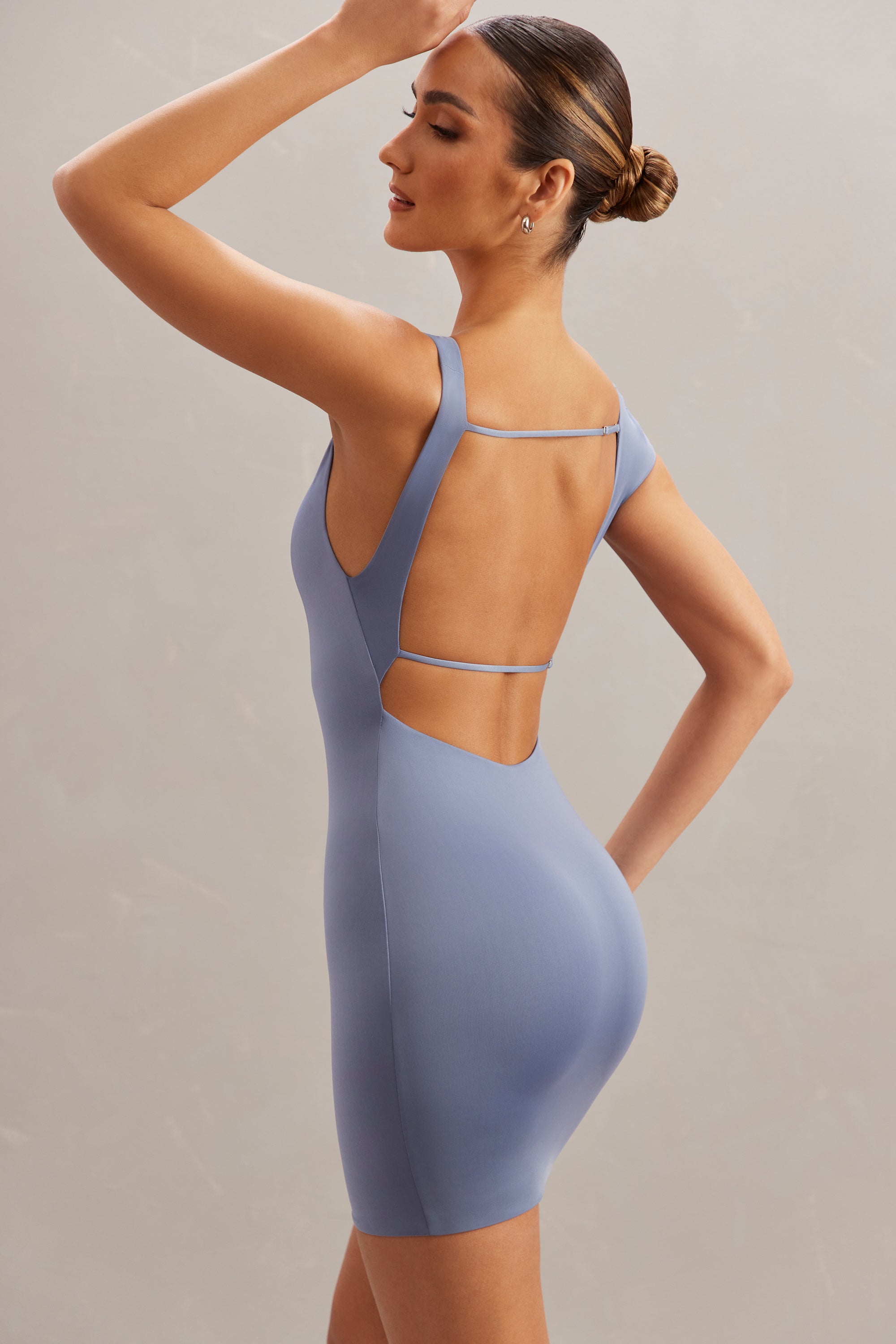Tahnee Off The Shoulder Open Back Mini Dress in Blue - Image 3