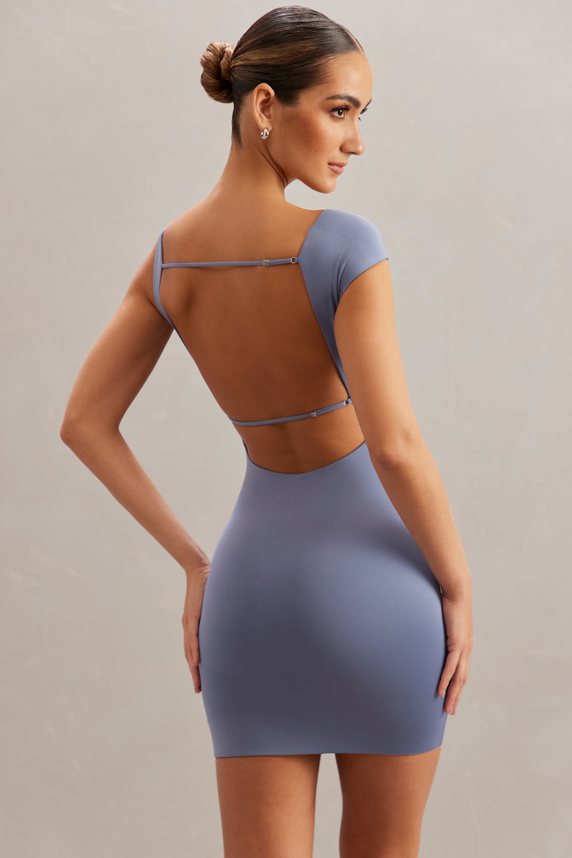 Tahnee Off The Shoulder Open Back Mini Dress in Blue - Image 2