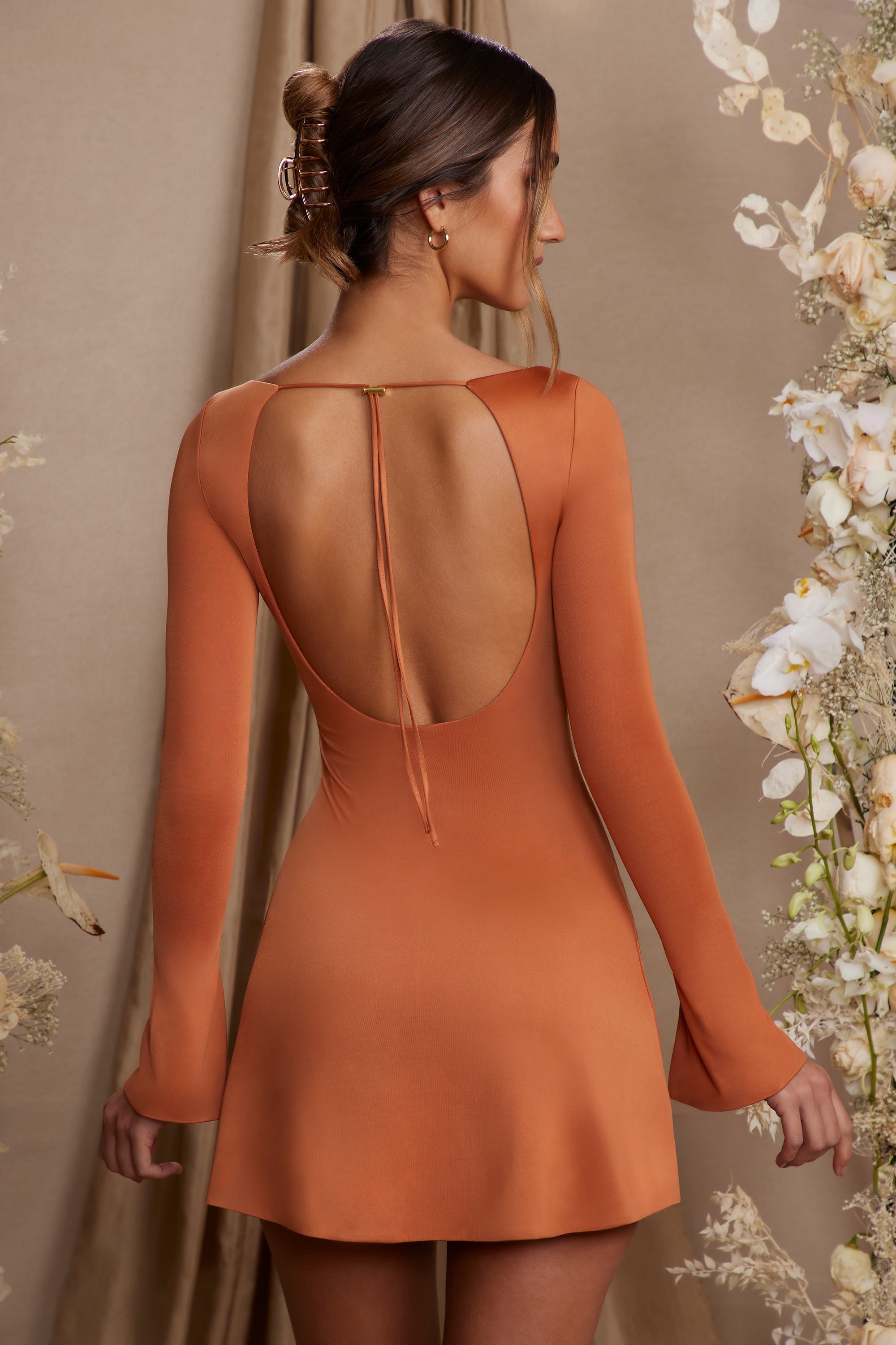 Cosette Long Sleeve Cut Out A-Line Mini Dress in Tan