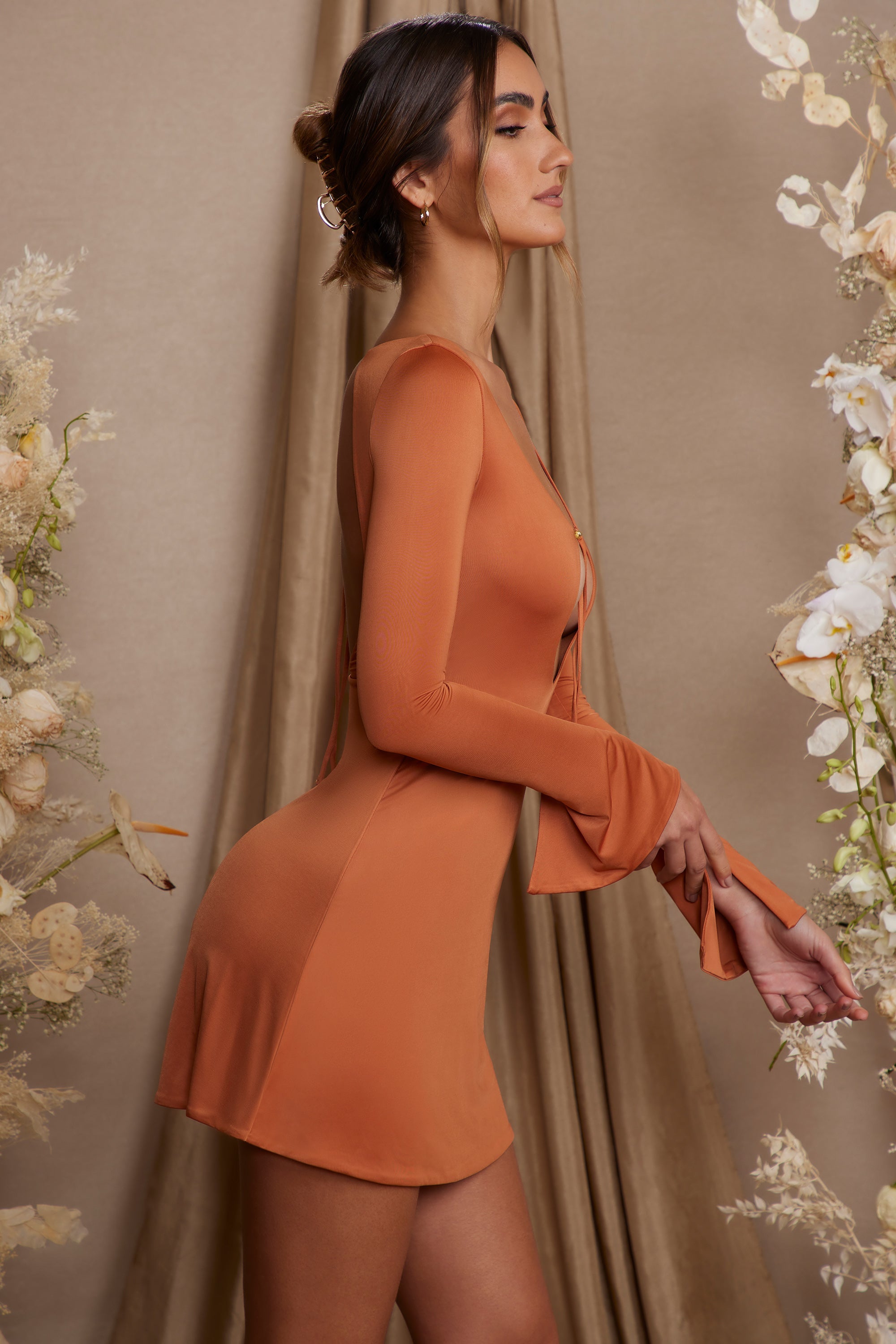 Cosette Long Sleeve Cut Out A-Line Mini Dress in Tan - Image 3